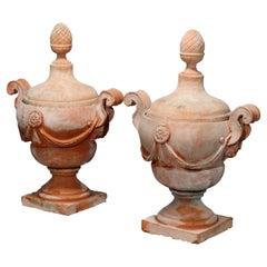Antique Pair Monumental Italian Neoclassical Terra Cotta Covered Urns, c1890