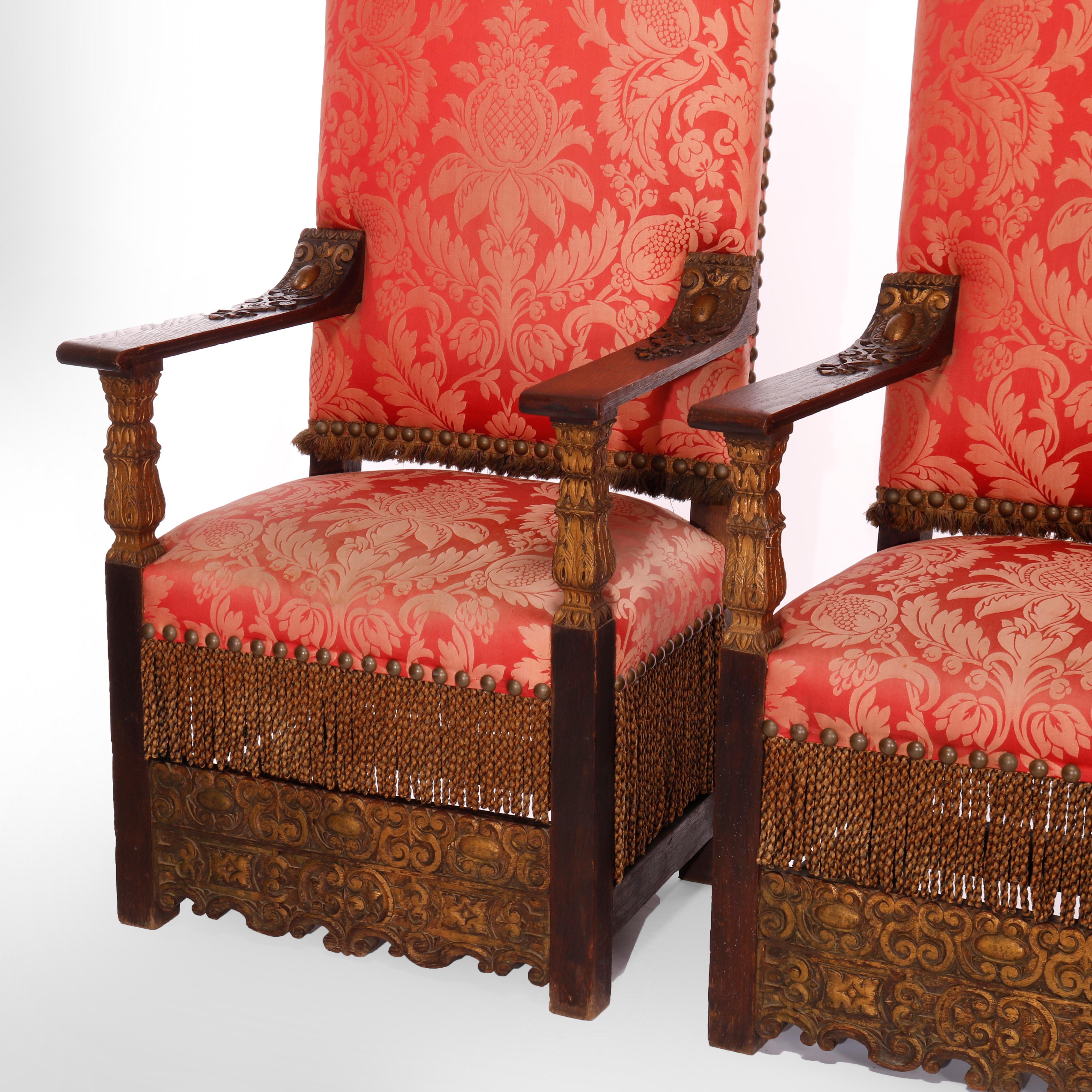 Antique Pair Monumental Moorish Parcel Gilt & Carved Oak Throne Chairs, c1910 5