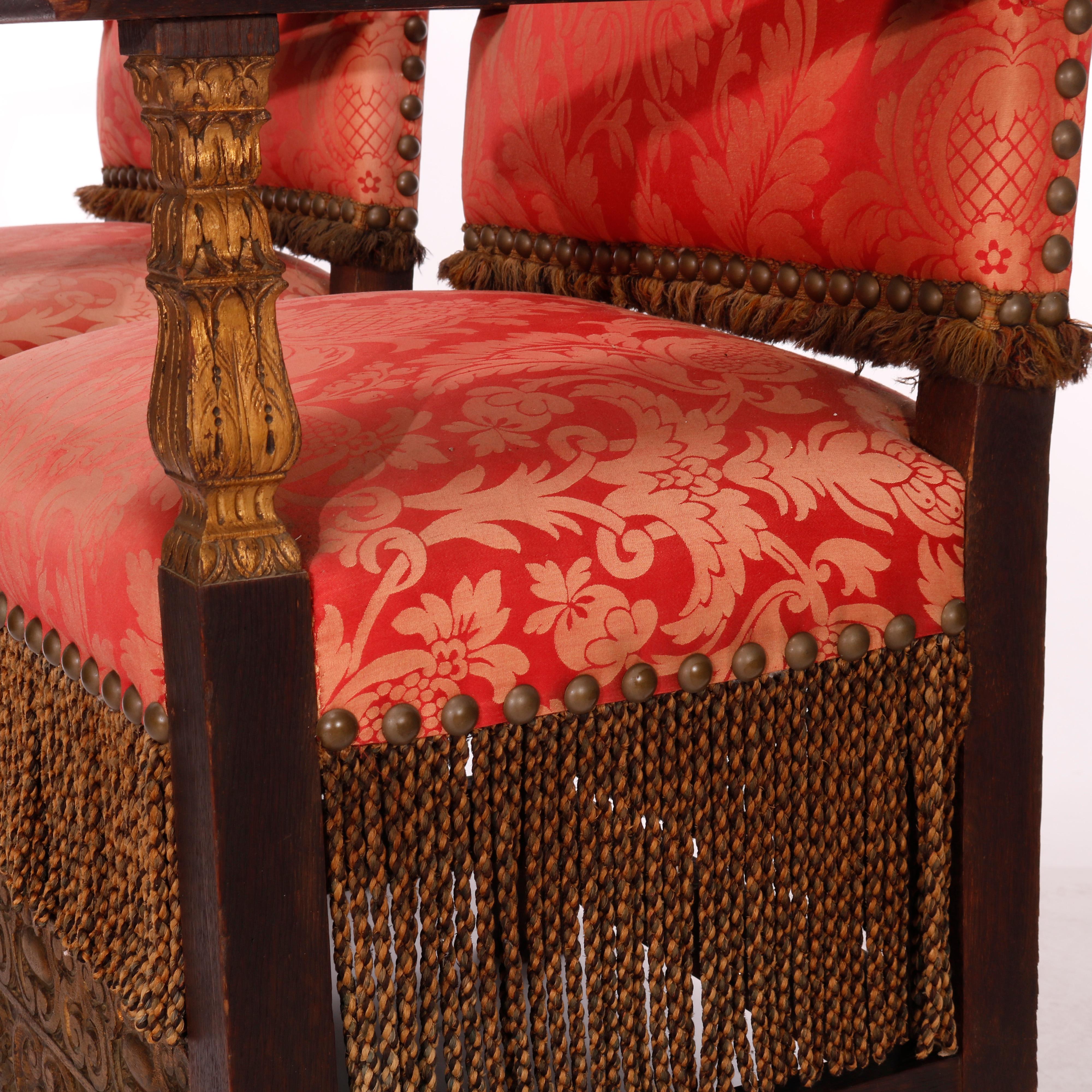 Antique Pair Monumental Moorish Parcel Gilt & Carved Oak Throne Chairs, c1910 9