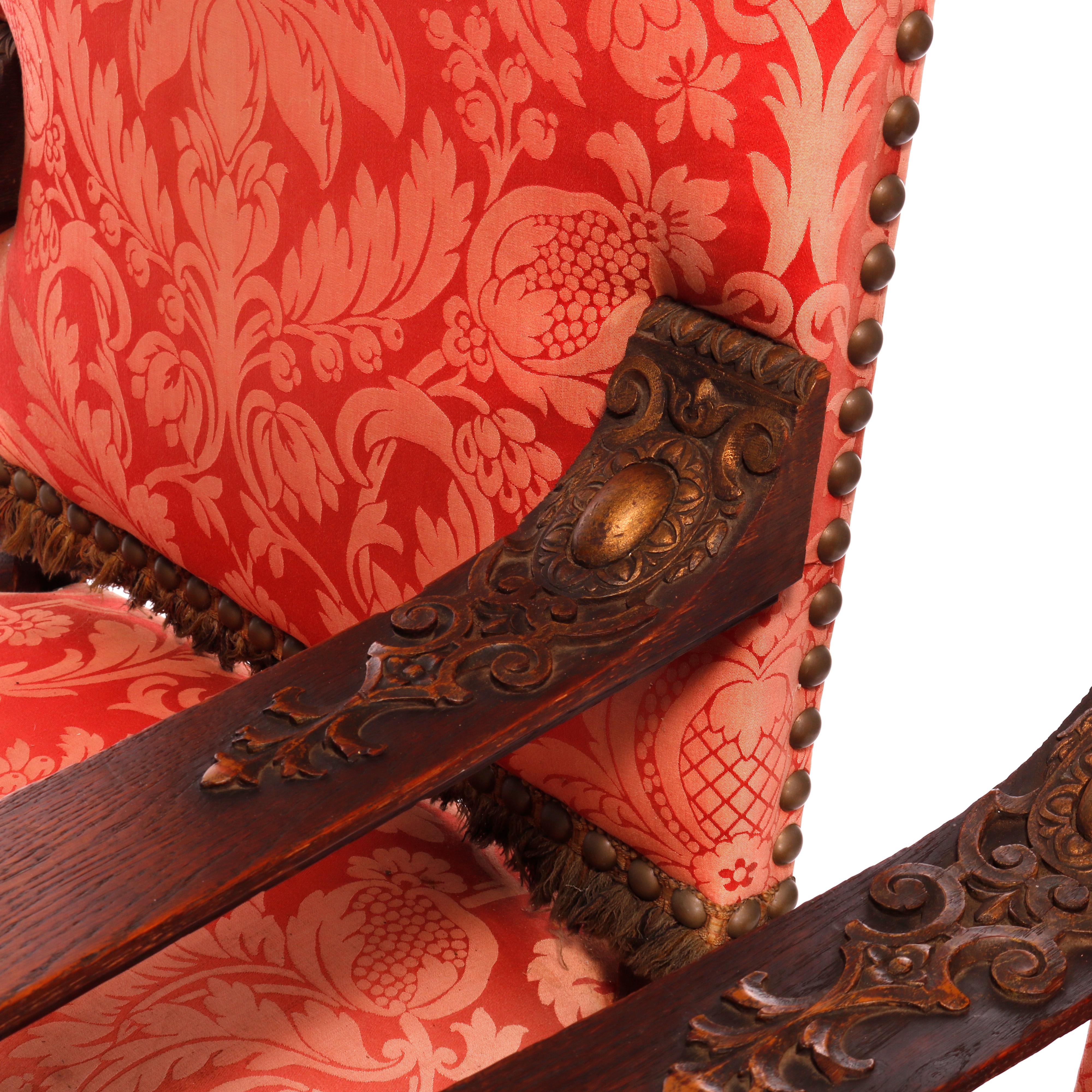 Antique Pair Monumental Moorish Parcel Gilt & Carved Oak Throne Chairs, c1910 11