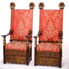 Antique Pair Monumental Moorish Parcel Gilt & Carved Oak Throne Chairs, c1910