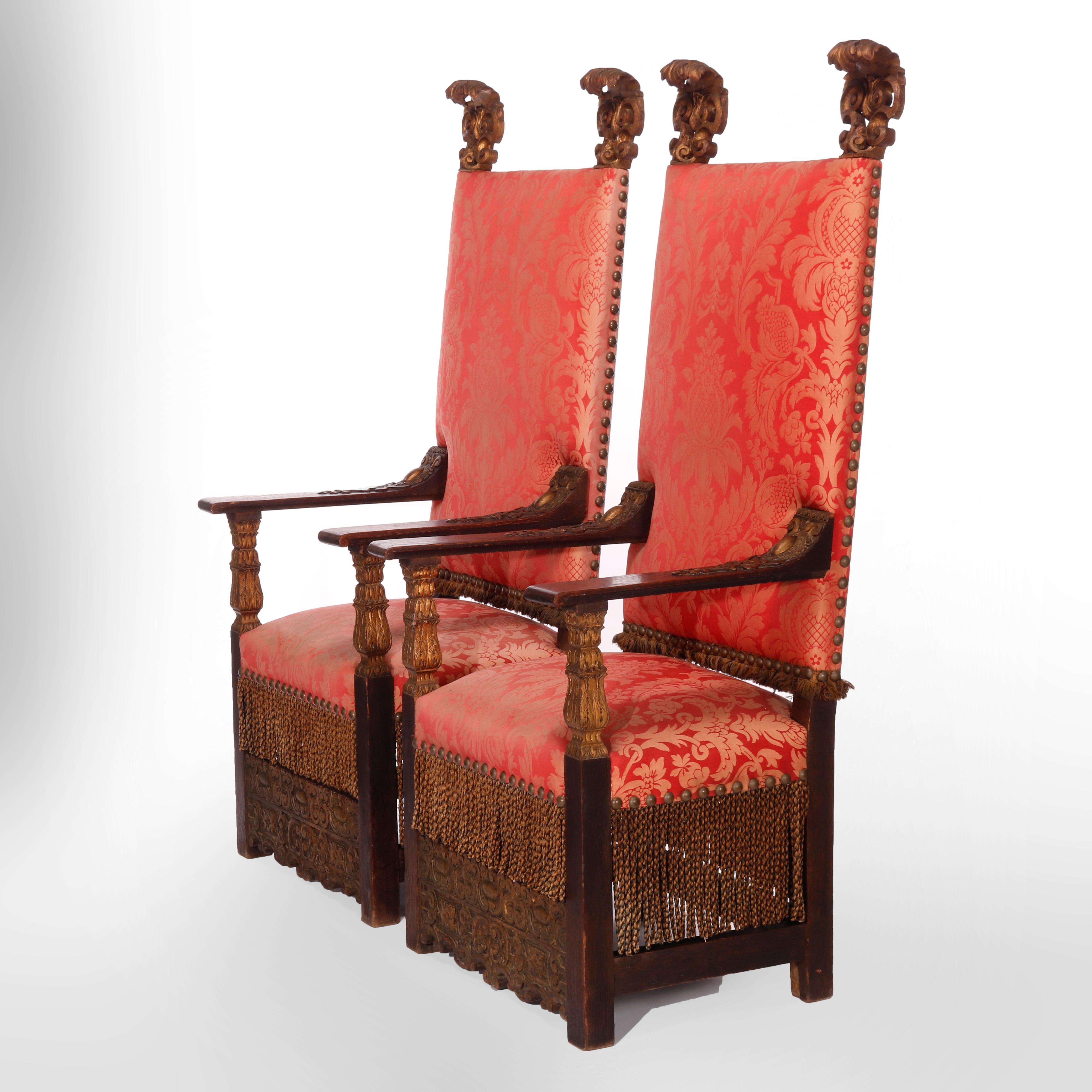 Antique Pair Monumental Moorish Parcel Gilt & Carved Oak Throne Chairs, c1910 In Good Condition In Big Flats, NY