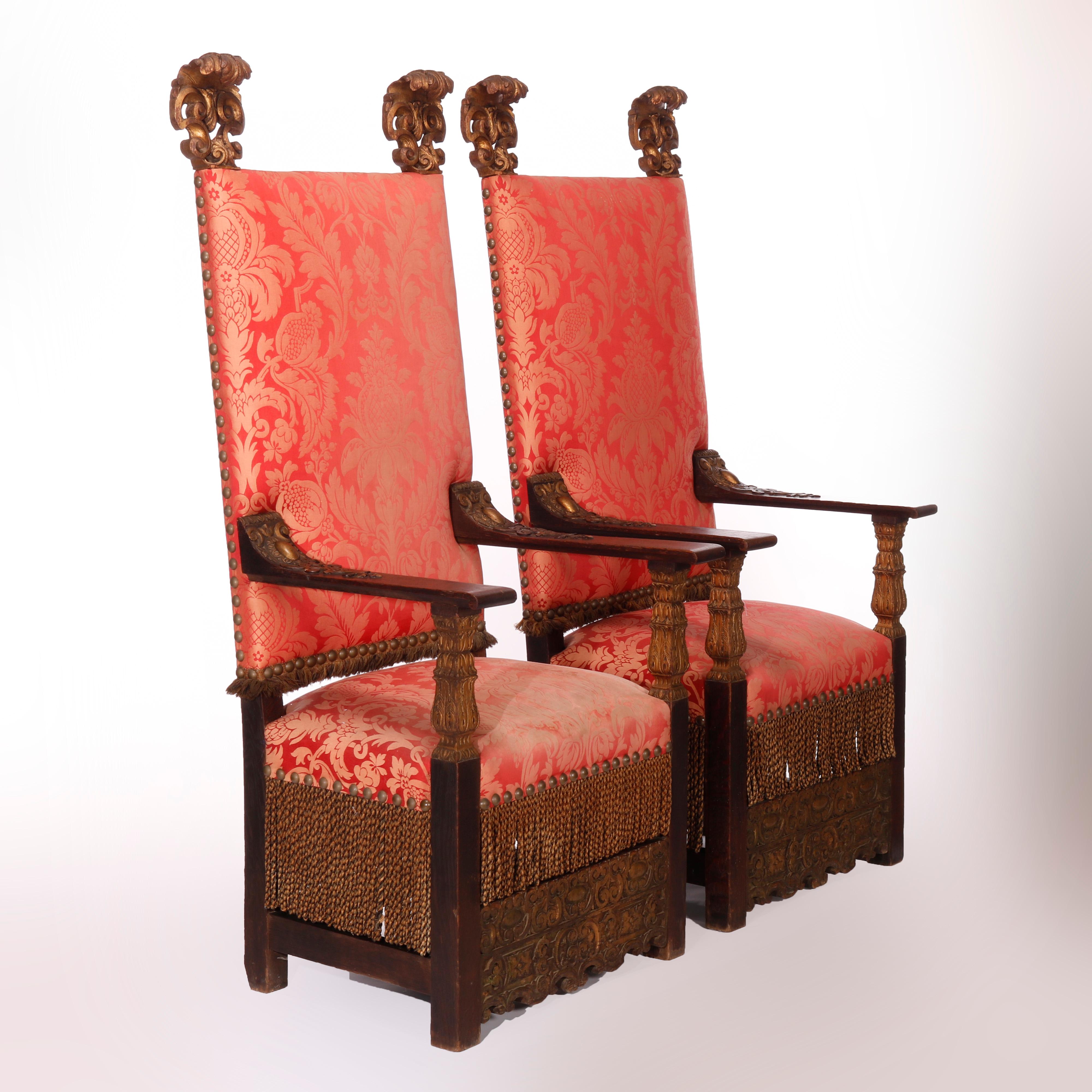20th Century Antique Pair Monumental Moorish Parcel Gilt & Carved Oak Throne Chairs, c1910