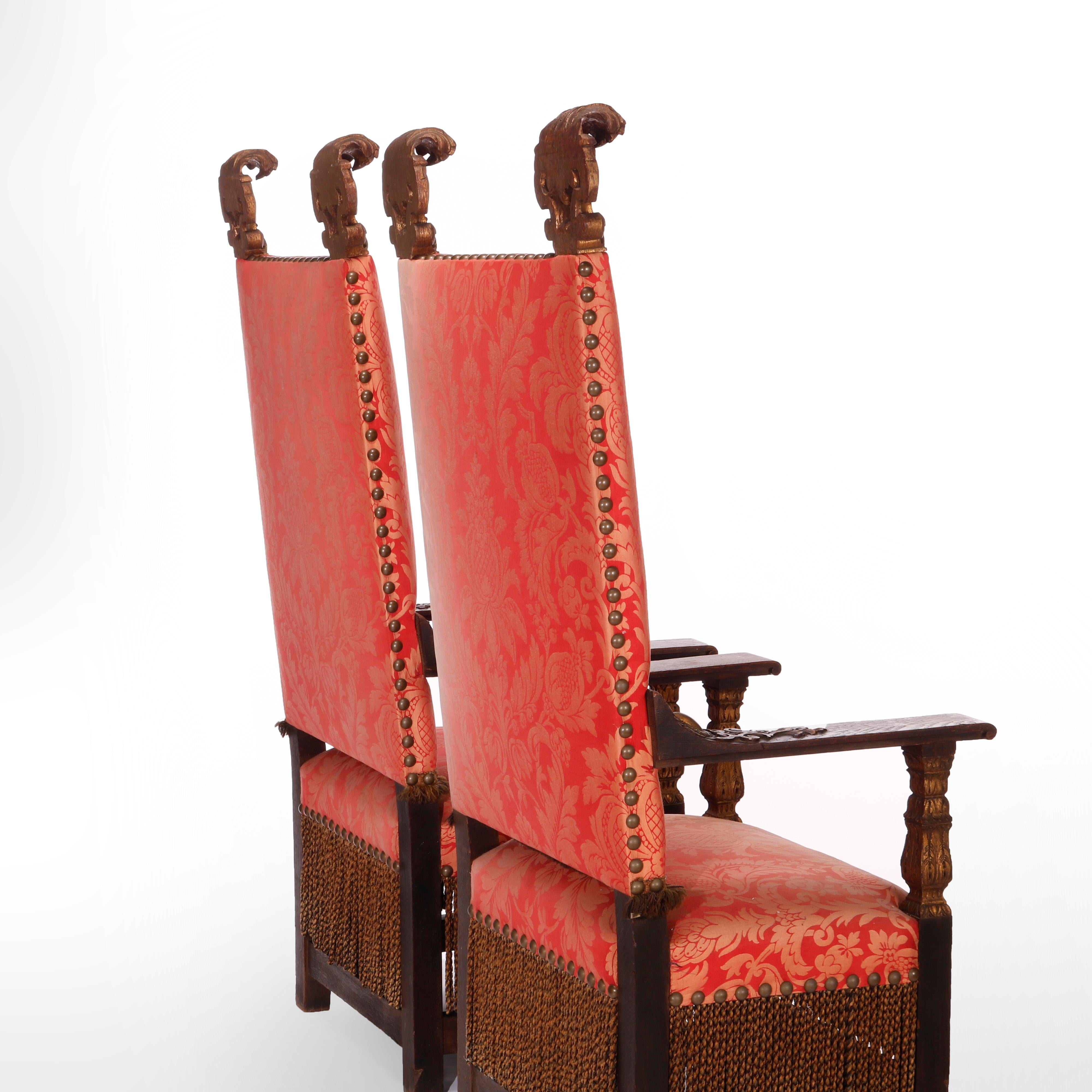 Upholstery Antique Pair Monumental Moorish Parcel Gilt & Carved Oak Throne Chairs, c1910