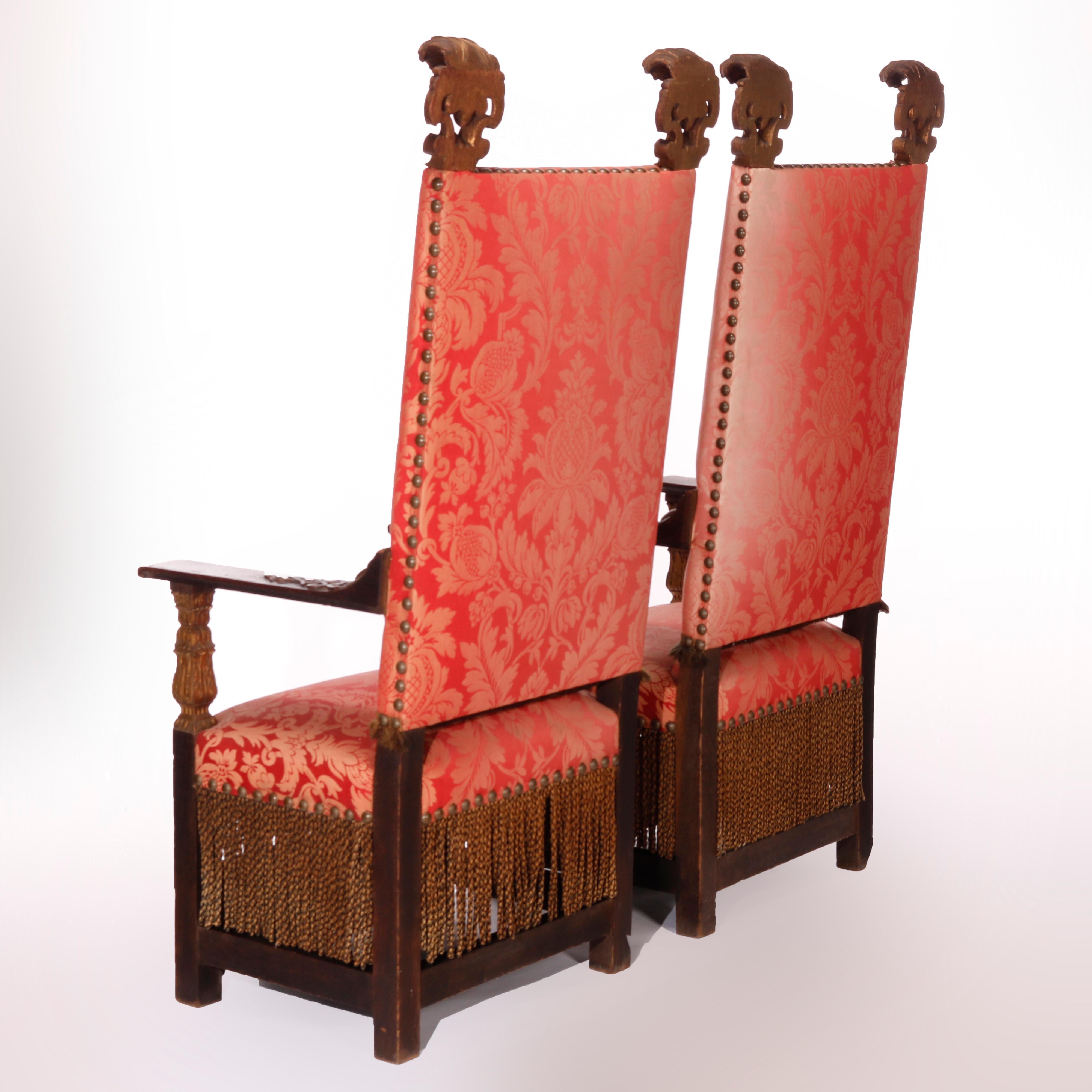 Antique Pair Monumental Moorish Parcel Gilt & Carved Oak Throne Chairs, c1910 1