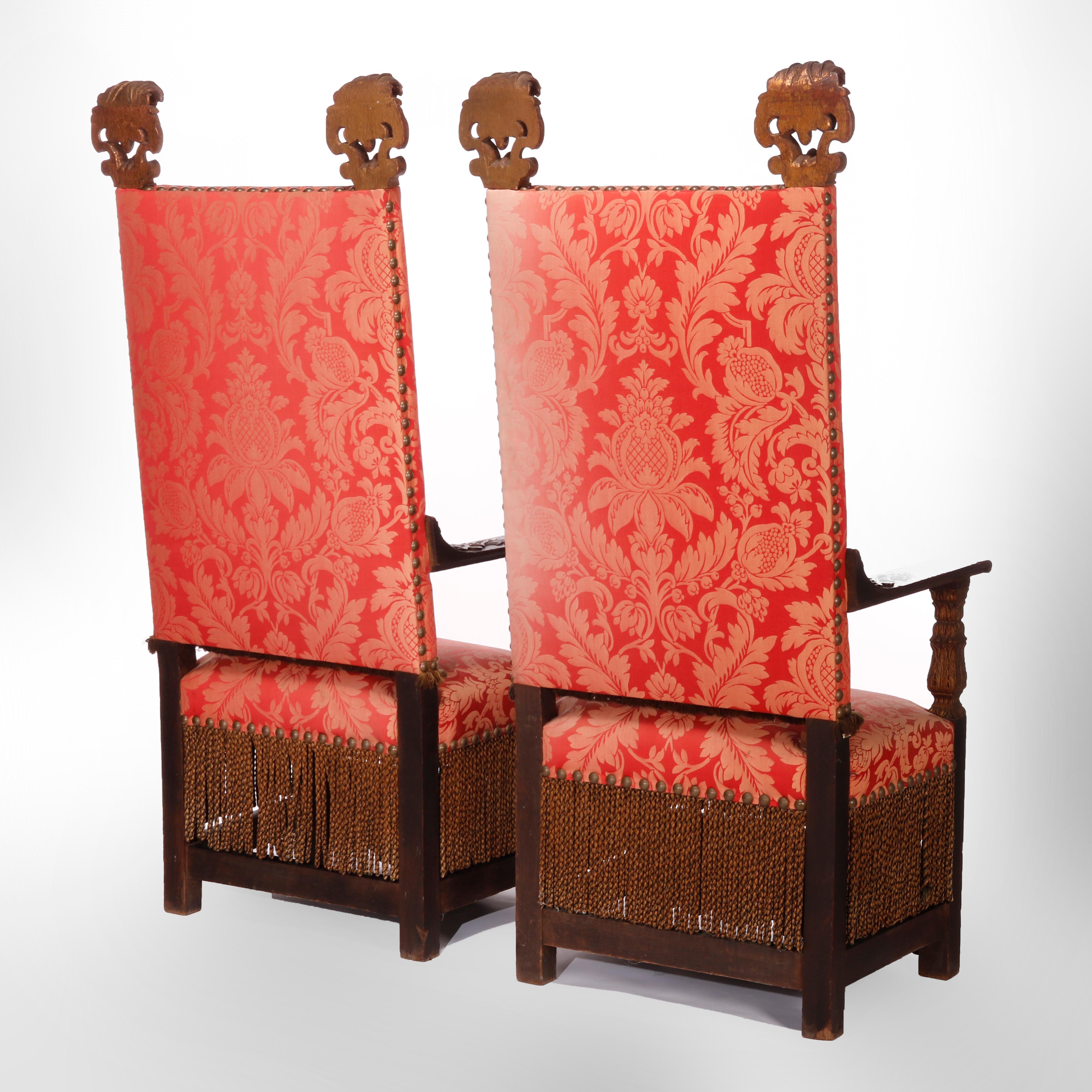 Antique Pair Monumental Moorish Parcel Gilt & Carved Oak Throne Chairs, c1910 2