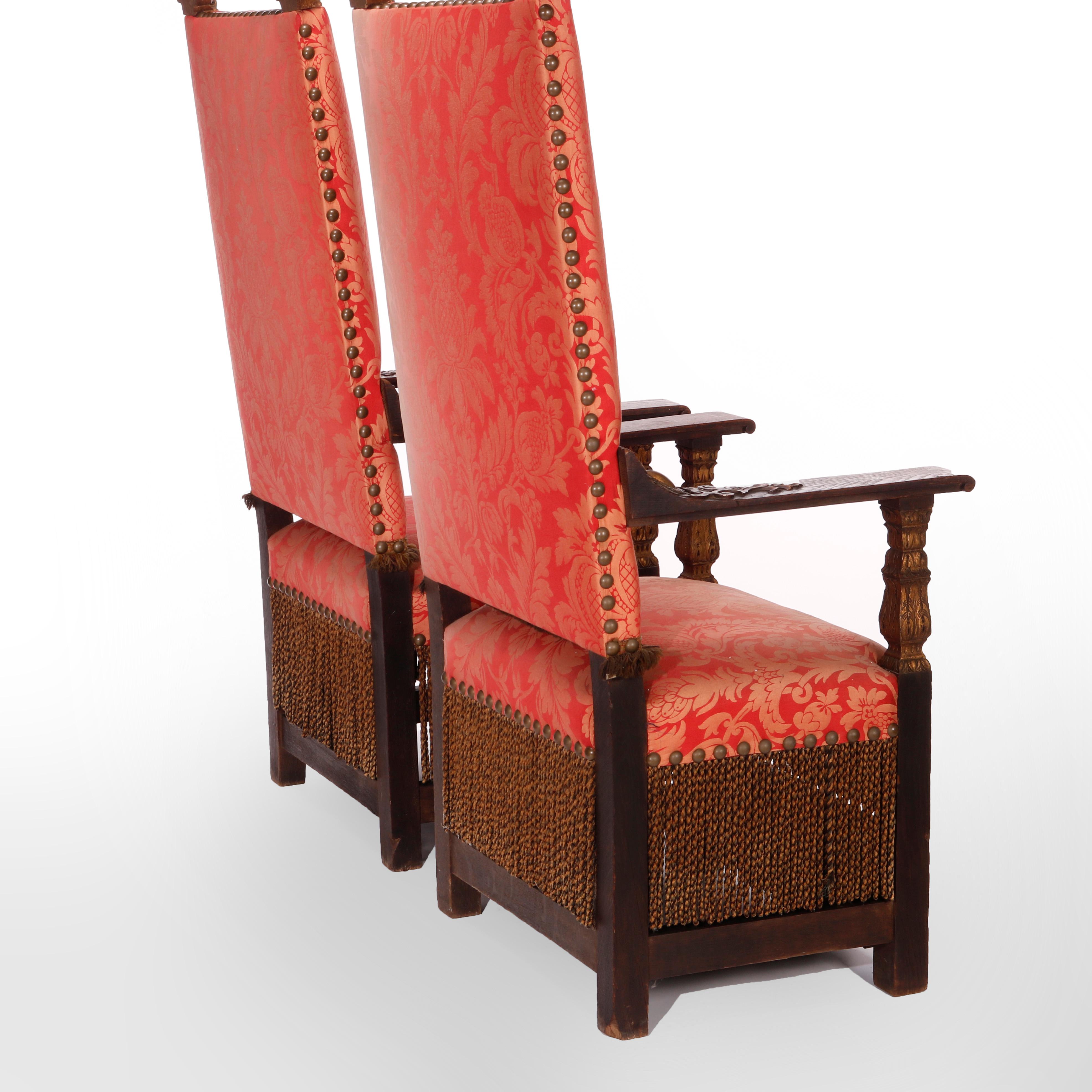 Antique Pair Monumental Moorish Parcel Gilt & Carved Oak Throne Chairs, c1910 3