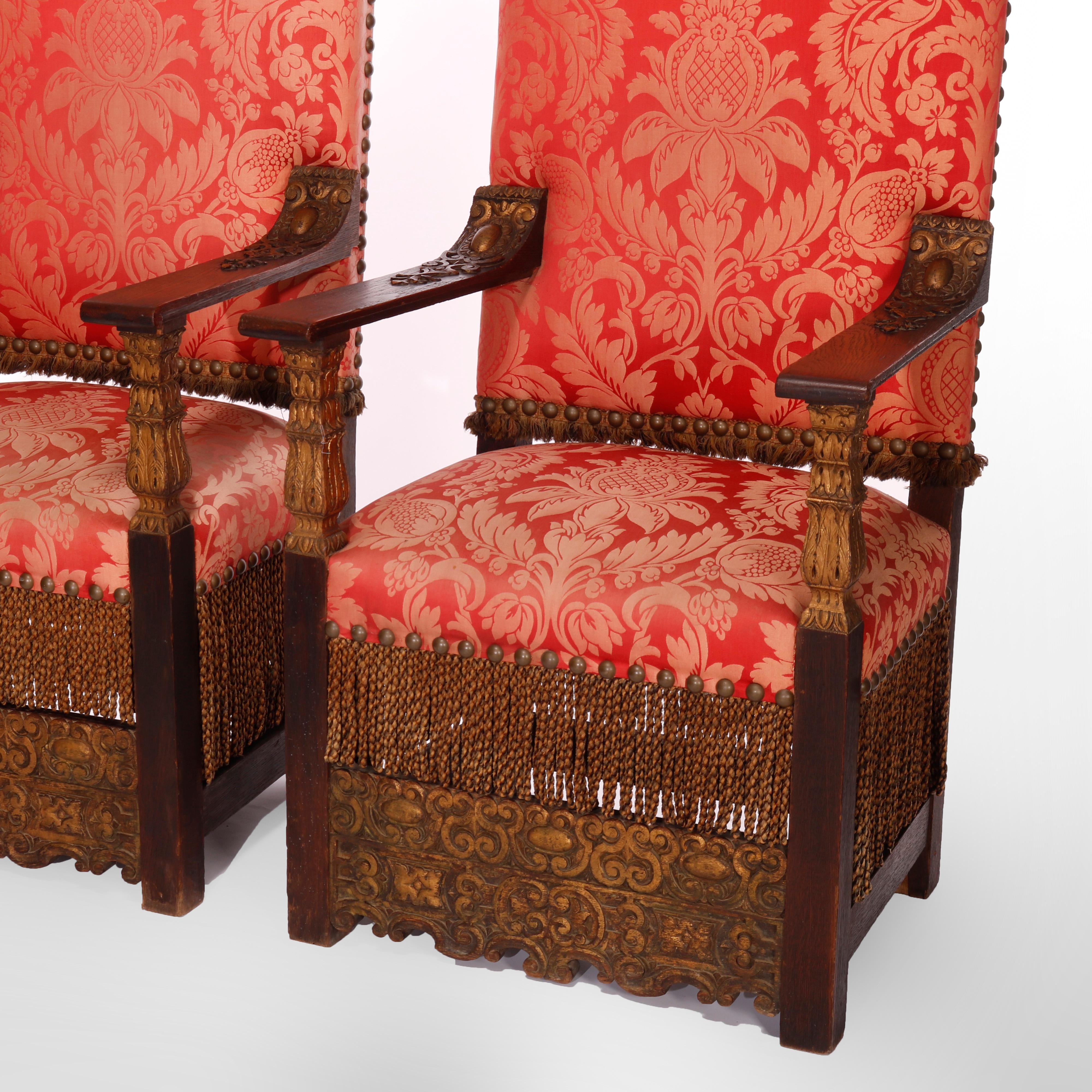 Antique Pair Monumental Moorish Parcel Gilt & Carved Oak Throne Chairs, c1910 4