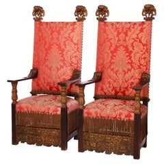 Antique Pair Monumental Moorish Parcel Gilt & Carved Oak Throne Chairs, c1910