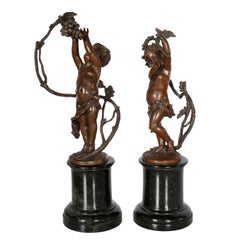 Antique Pair Napoleon III French Bronze Marble Putti Wine Grape Bacchus Statues