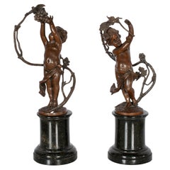 Antique Pair Napoleon III French Bronze Marble Putti Wine Grape Bacchus Statues