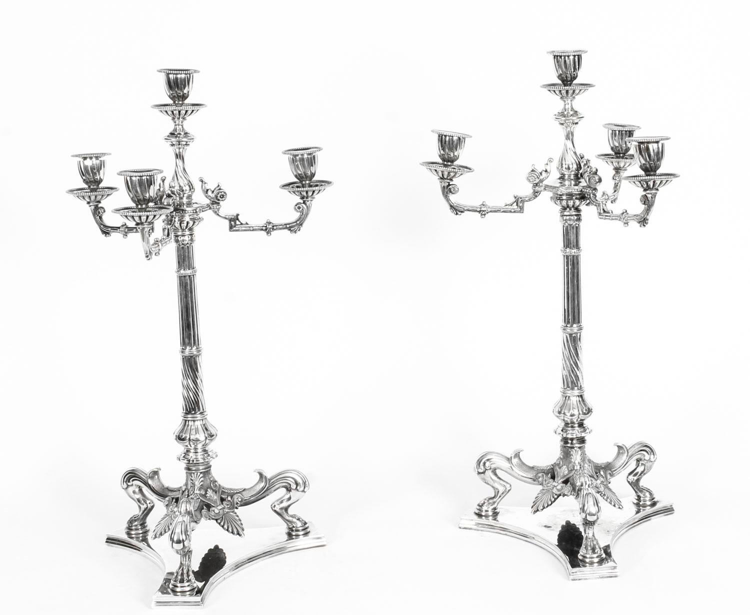 19th Century Pair of Neoclasscal Silver Plated 4-Light Candelabra Hodd & Linley 10