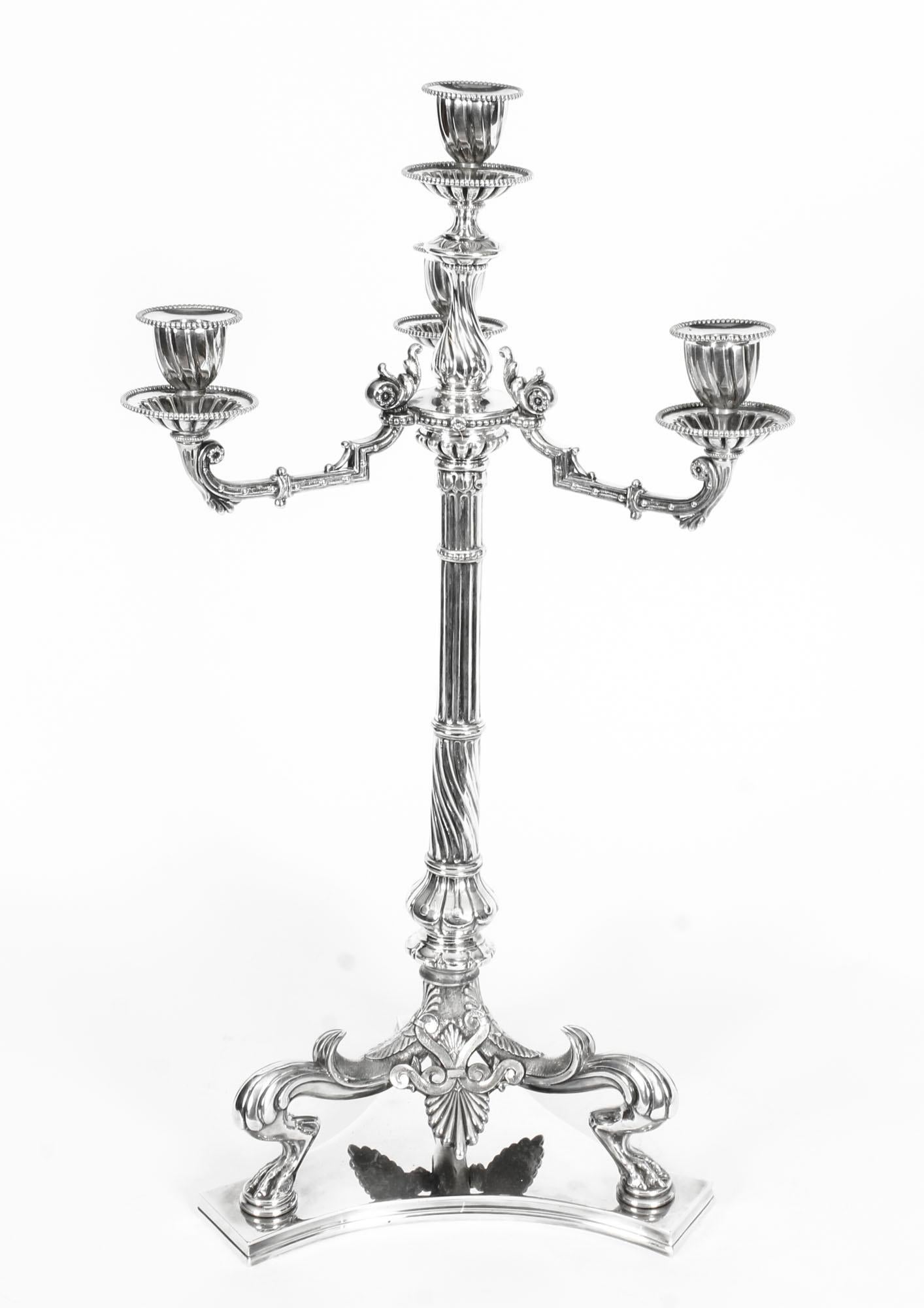 Neoclassical 19th Century Pair of Neoclasscal Silver Plated 4-Light Candelabra Hodd & Linley