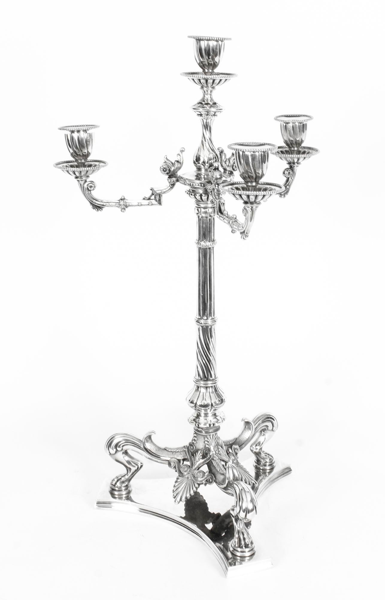 English 19th Century Pair of Neoclasscal Silver Plated 4-Light Candelabra Hodd & Linley