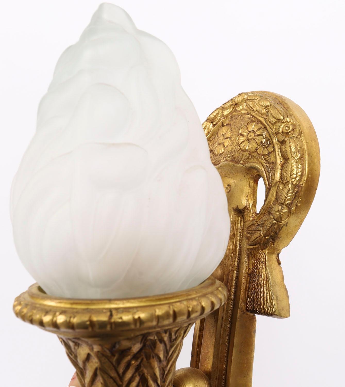 Antique Pair Neo-Classical Ormolu & Glass Flaming Torch Wall lights c.1920 For Sale 1