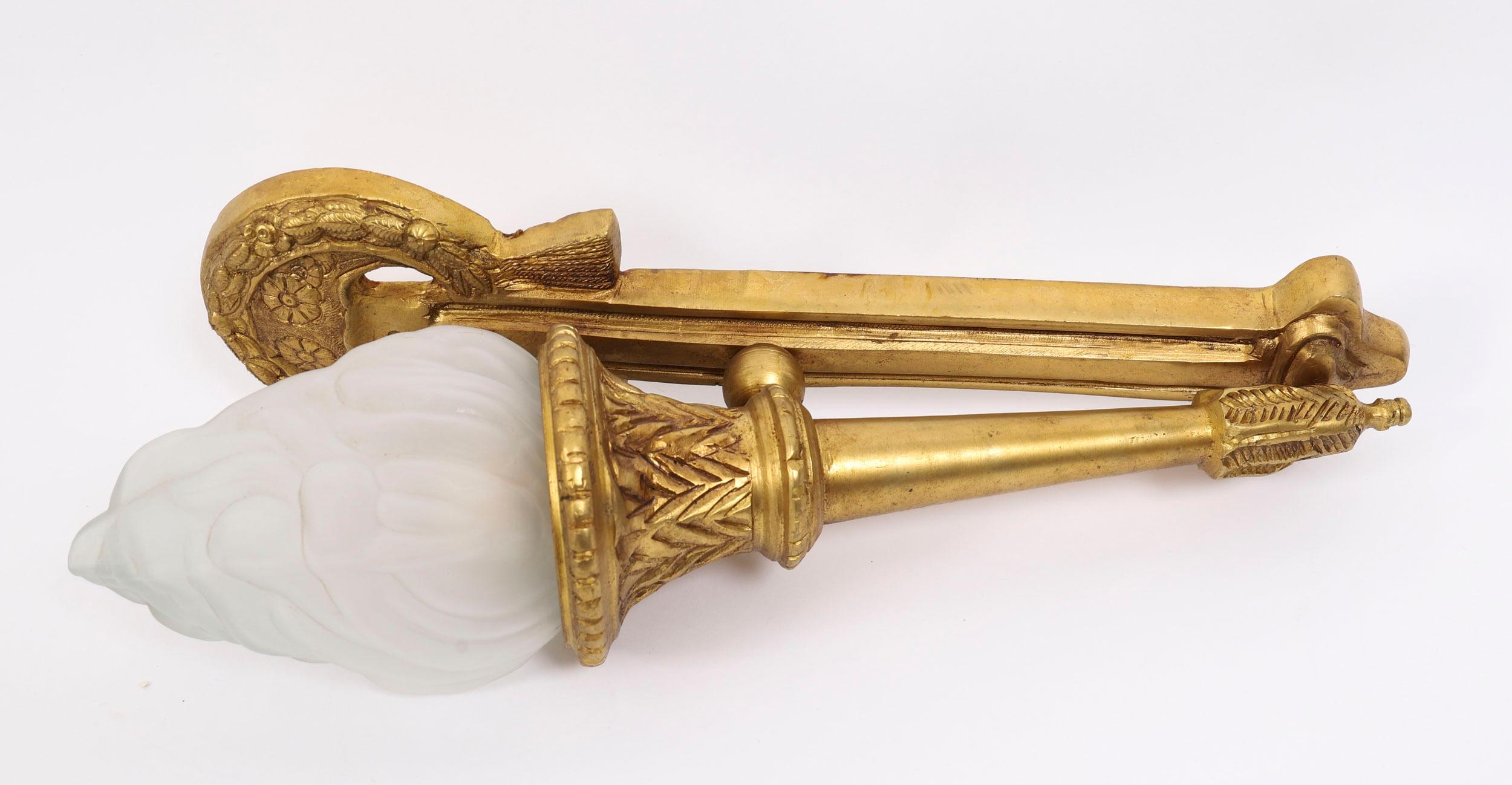 Antique Pair Neo-Classical Ormolu & Glass Flaming Torch Wall lights c.1920 For Sale 3