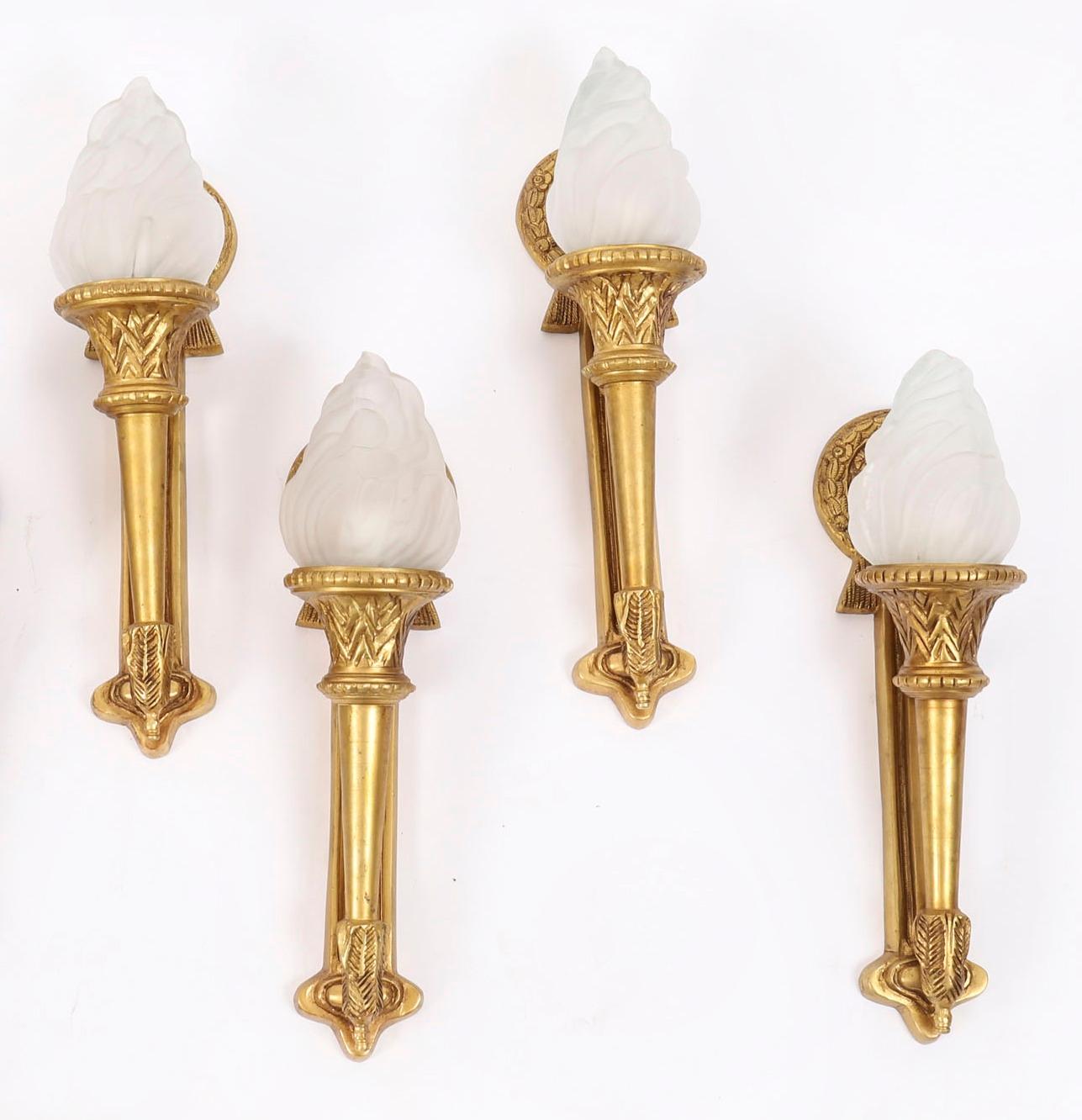Antique Pair Neo-Classical Ormolu & Glass Flaming Torch Wall lights c.1920 For Sale 4