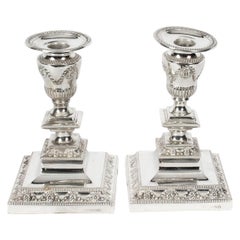 Antique Pair Neoclassical Silver Plated Candlesticks by Barker Bros Ltd, 19th C