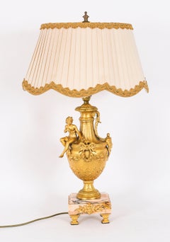 Antique Pair Neoclassical Ormolu & Pink Marble Table Lamps 20th Century