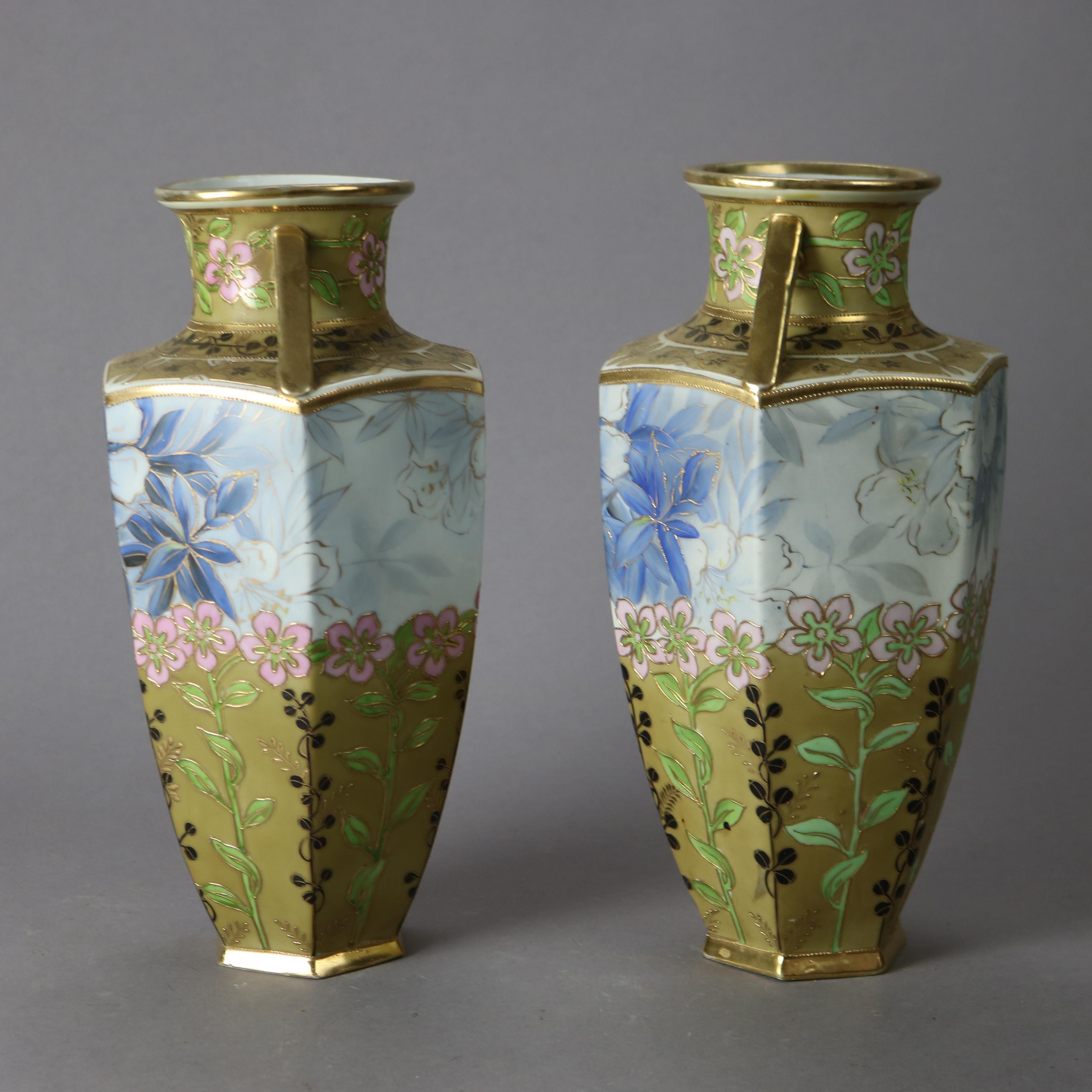 Antique Pair Nippon Hand Painted, Gilt and Enameled Porcelain Vases