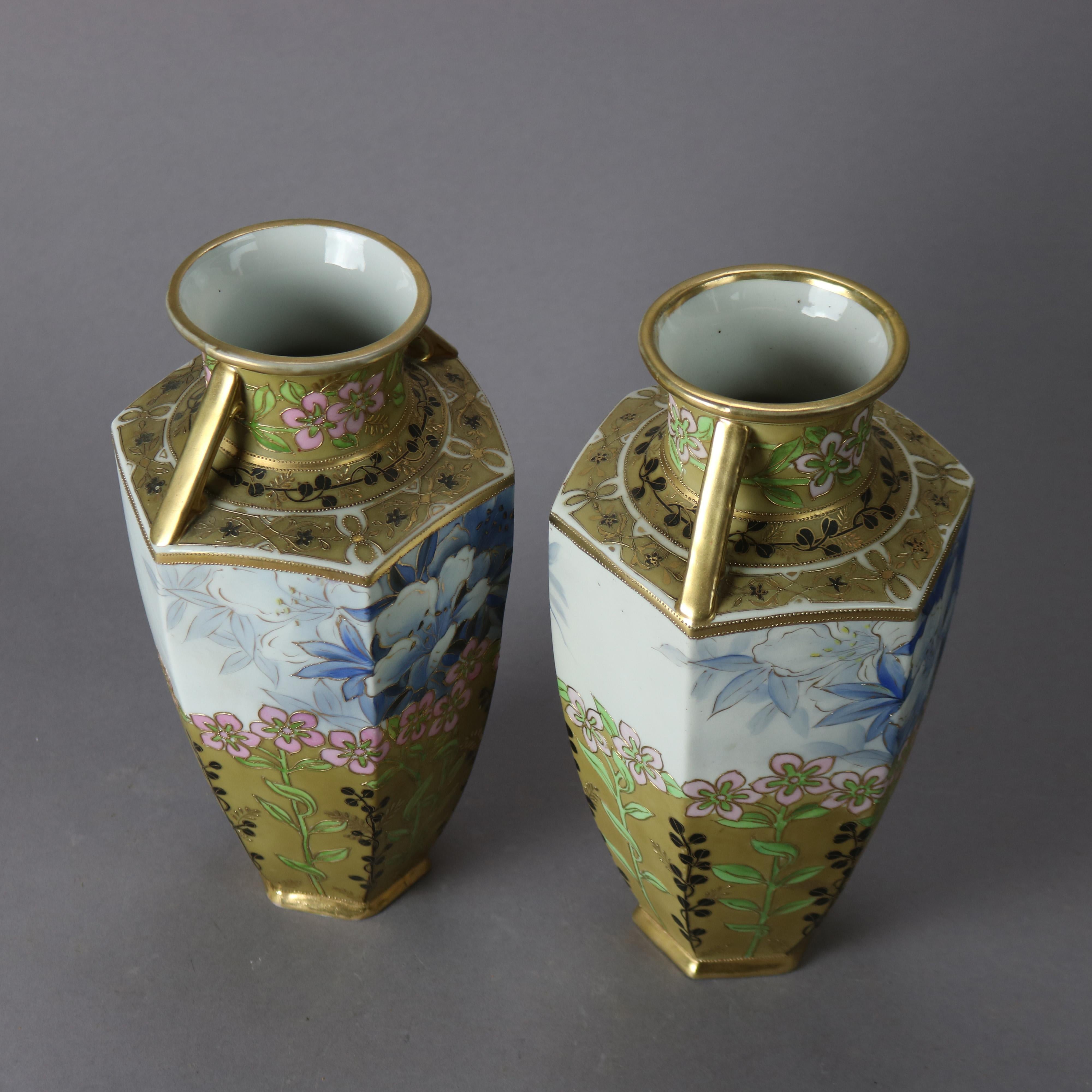 Japanese Antique Pair Nippon Hand Painted, Gilt & Enameled Porcelain Vases, circa 1920