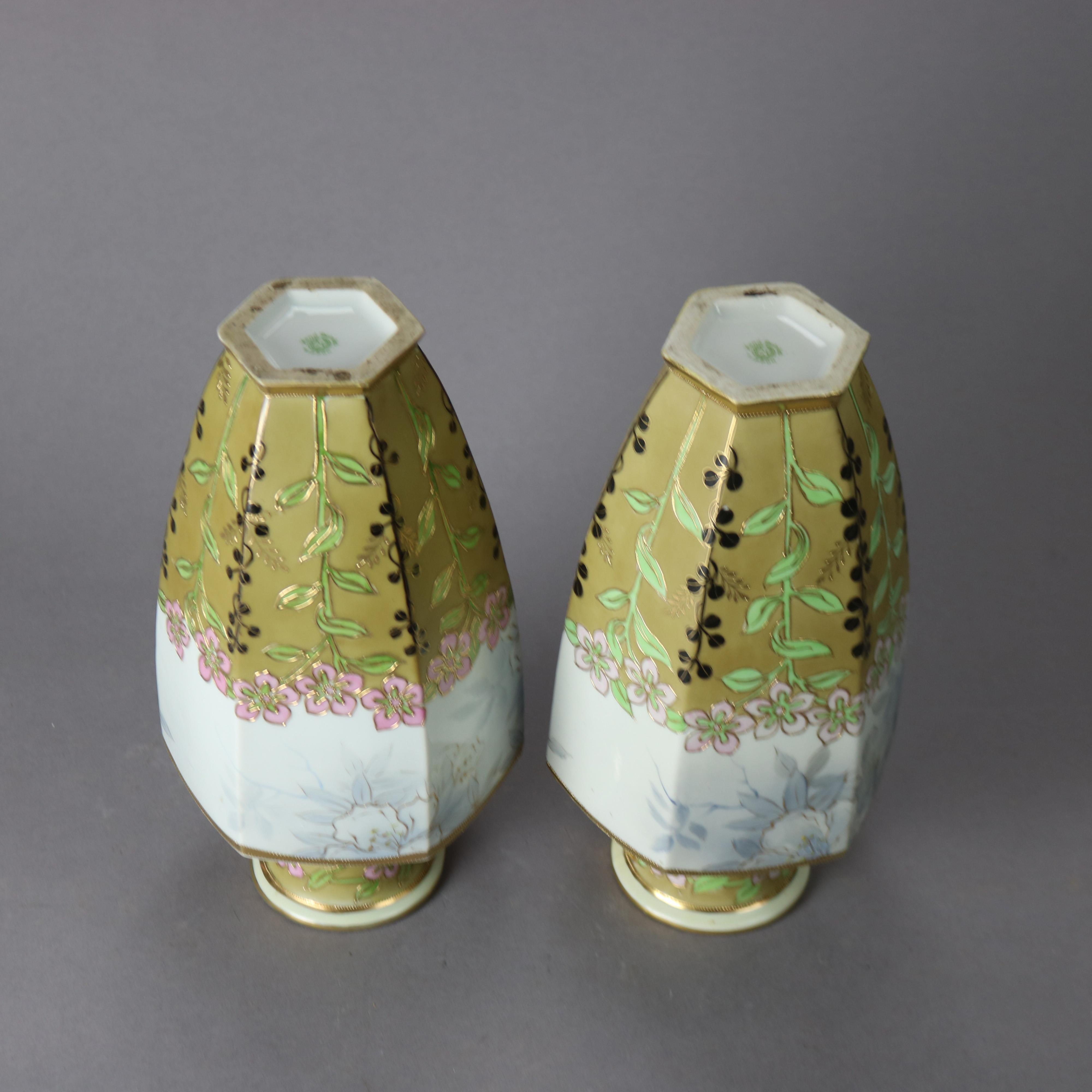Antique Pair Nippon Hand Painted, Gilt & Enameled Porcelain Vases, circa 1920 In Good Condition In Big Flats, NY