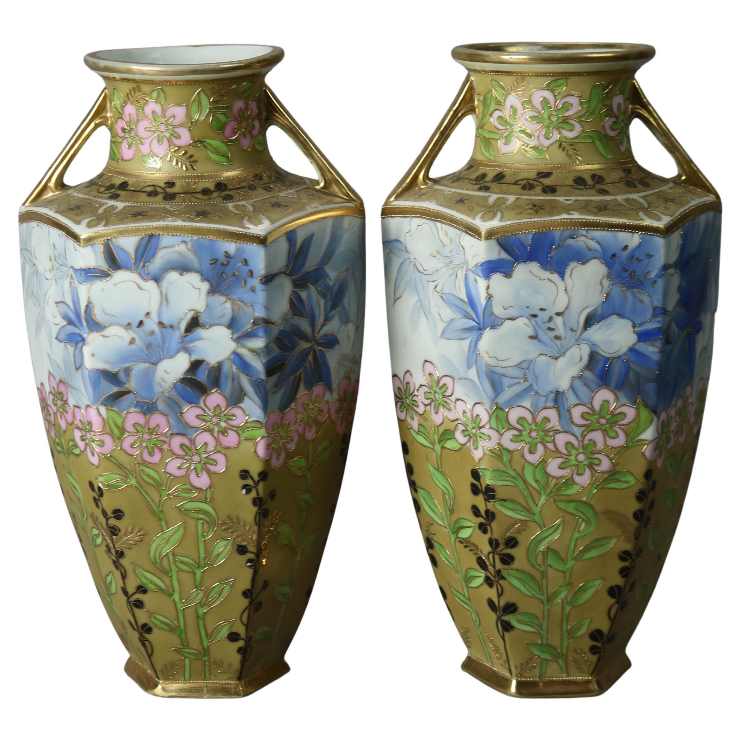 Antique Pair Nippon Hand Painted, Gilt & Enameled Porcelain Vases, circa 1920