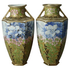 Antique Pair Nippon Hand Painted, Gilt & Enamelled Porcelain Vases Circa 1920
