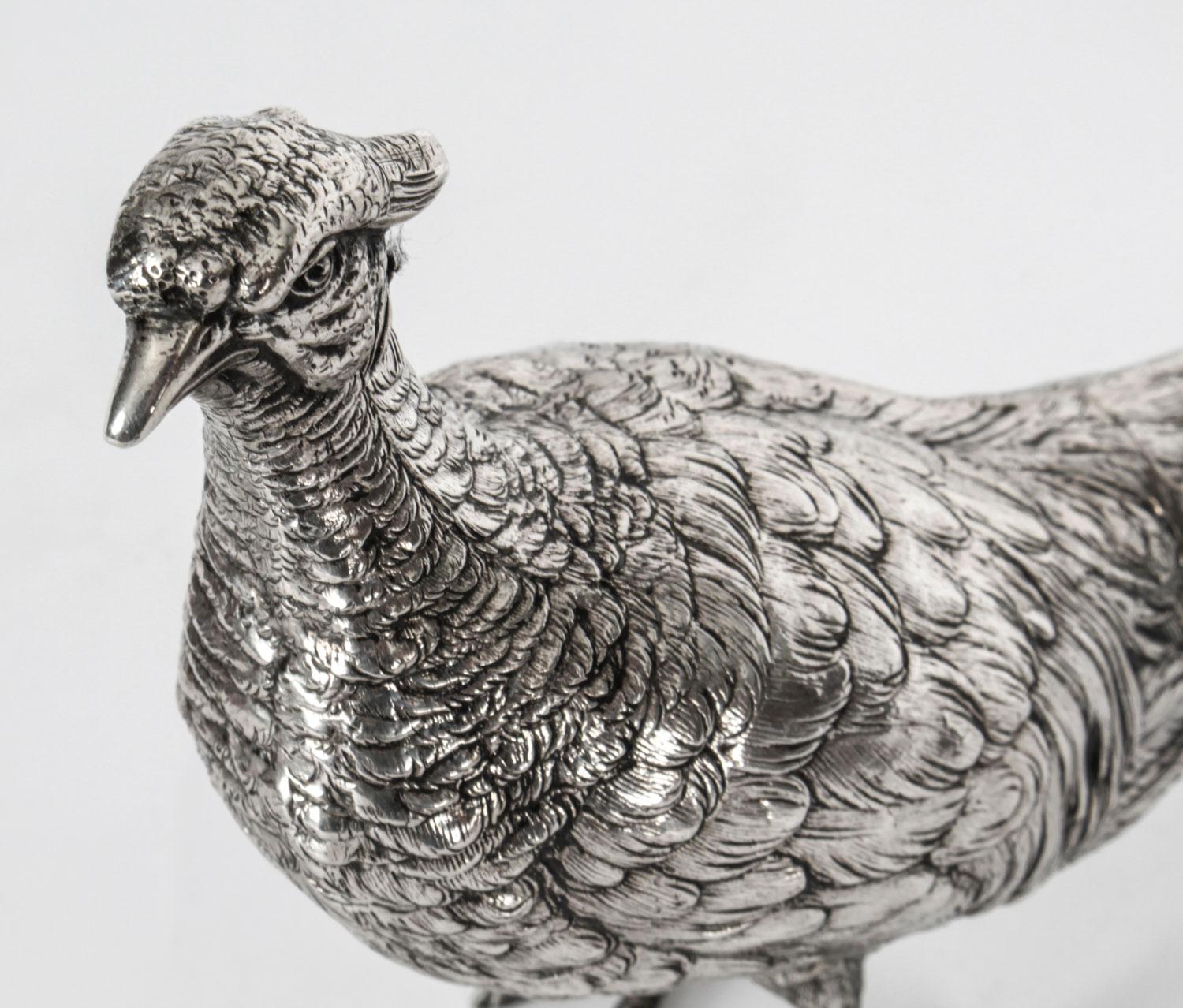 Antique Pair of German 800 Silver Pheasants, 19th Century 11