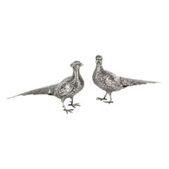 Antique Pair of German 800 Silver Pheasants, 19th Century