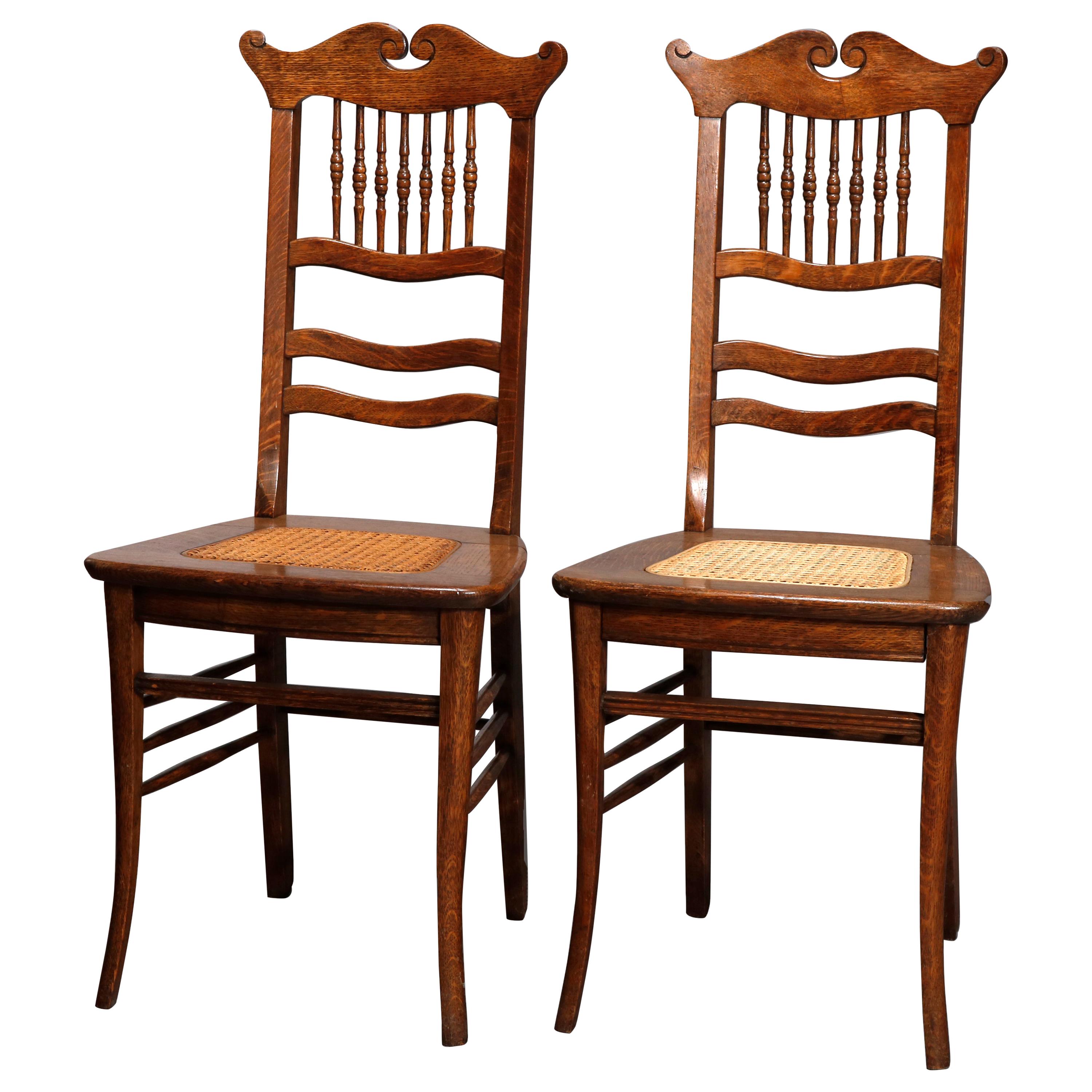 Antique Pair of Oak Spindle Back and Cane Seat Side Chairs, circa 1900