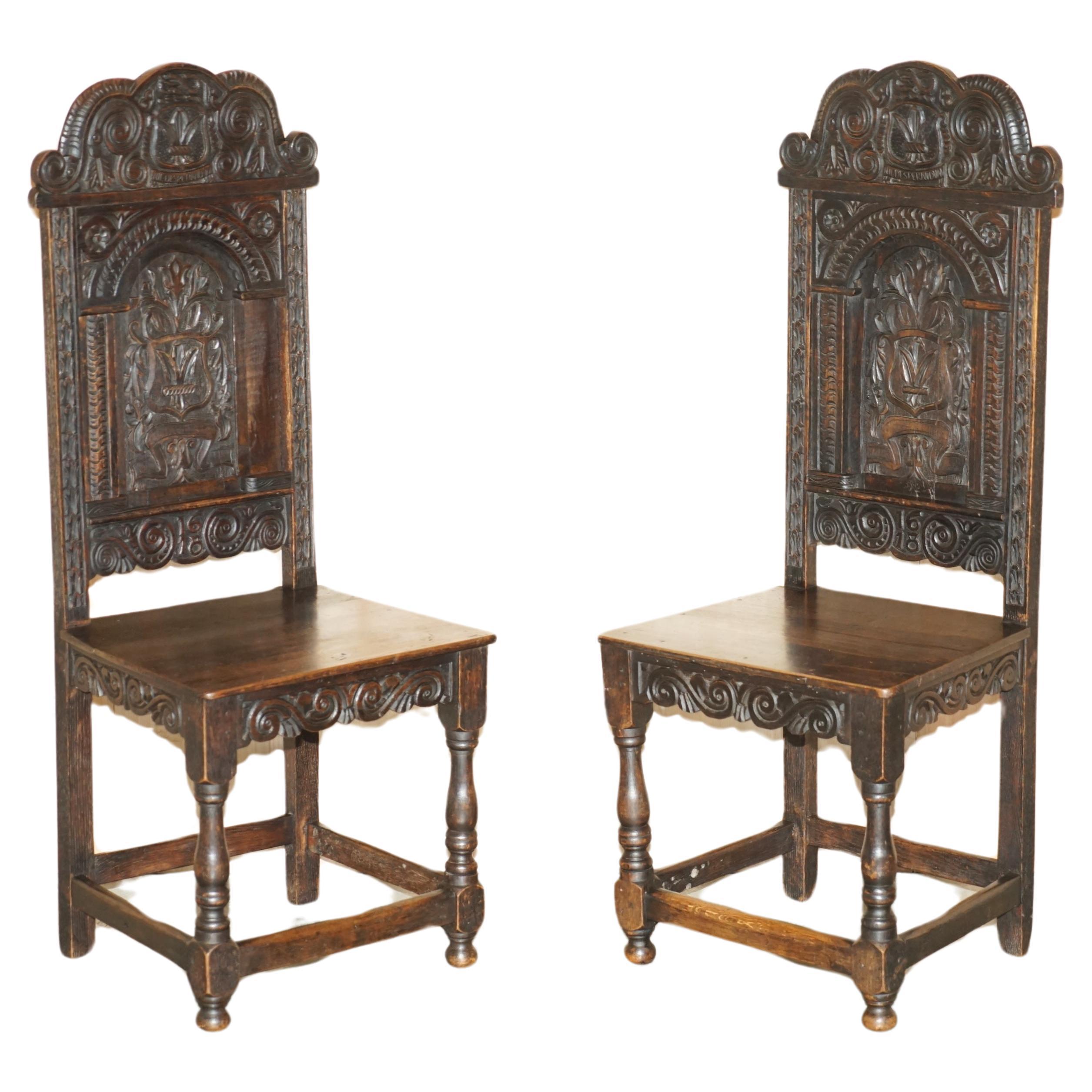 ANTIQUE PAIR OF 17TH CENTURY JACOBEAN ENGLISH OAK CHAIRS FROM THE FILM HELLBOy For Sale