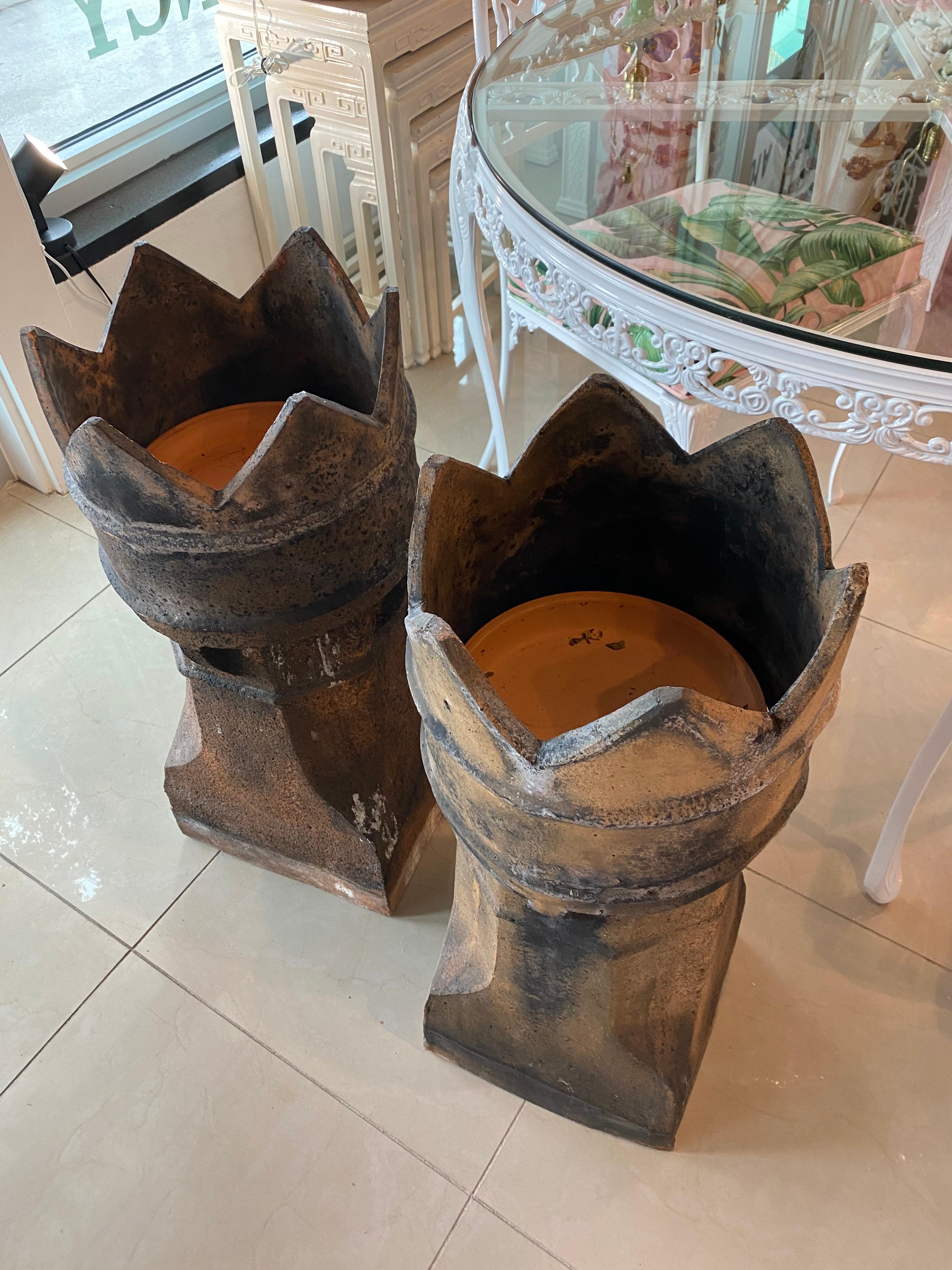 Antique Pair of 1890s English Chimney Pots Lovely Patina Industrial Planters For Sale 1