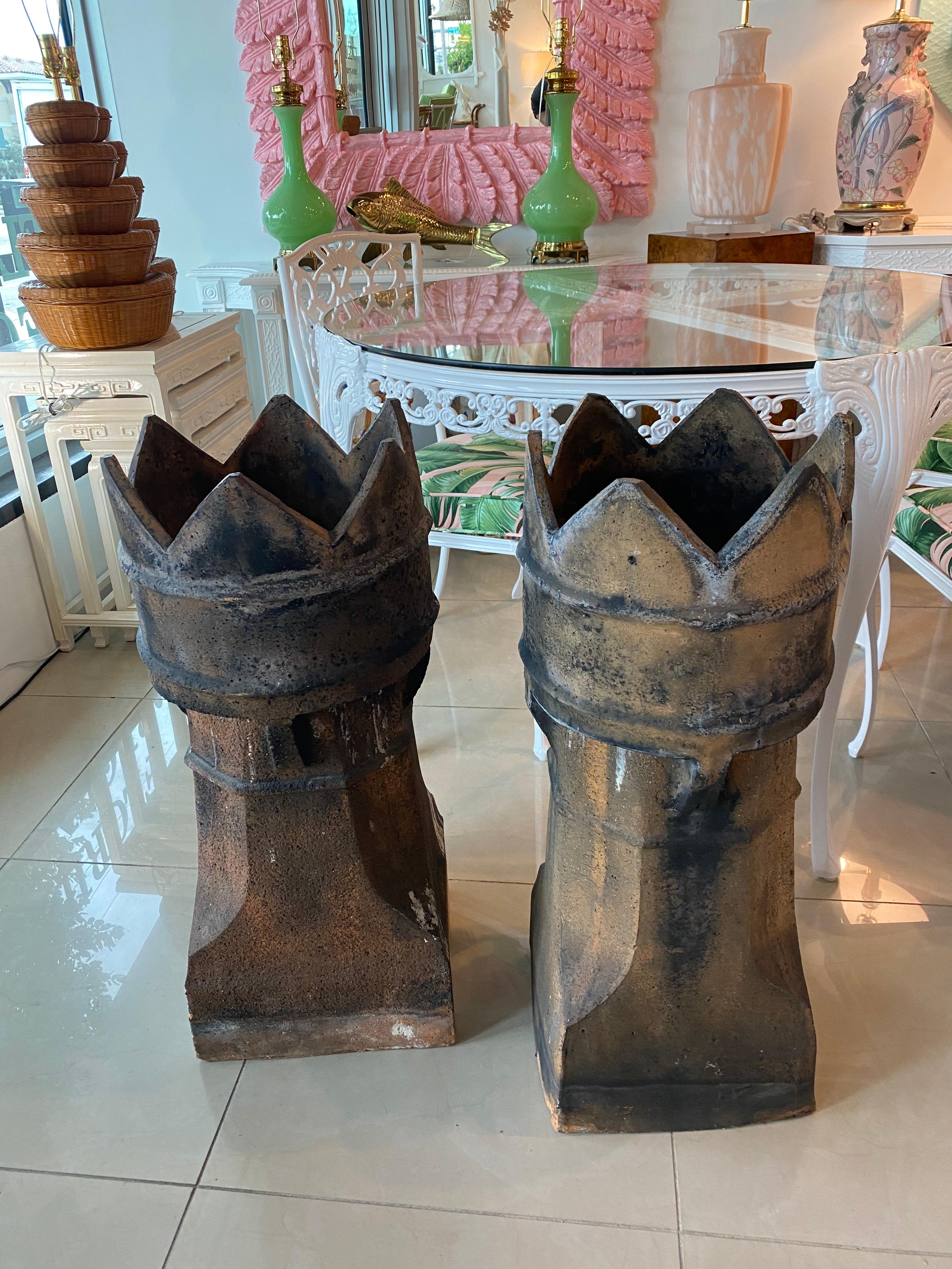 Antique Pair of 1890s English Chimney Pots Lovely Patina Industrial Planters For Sale 2