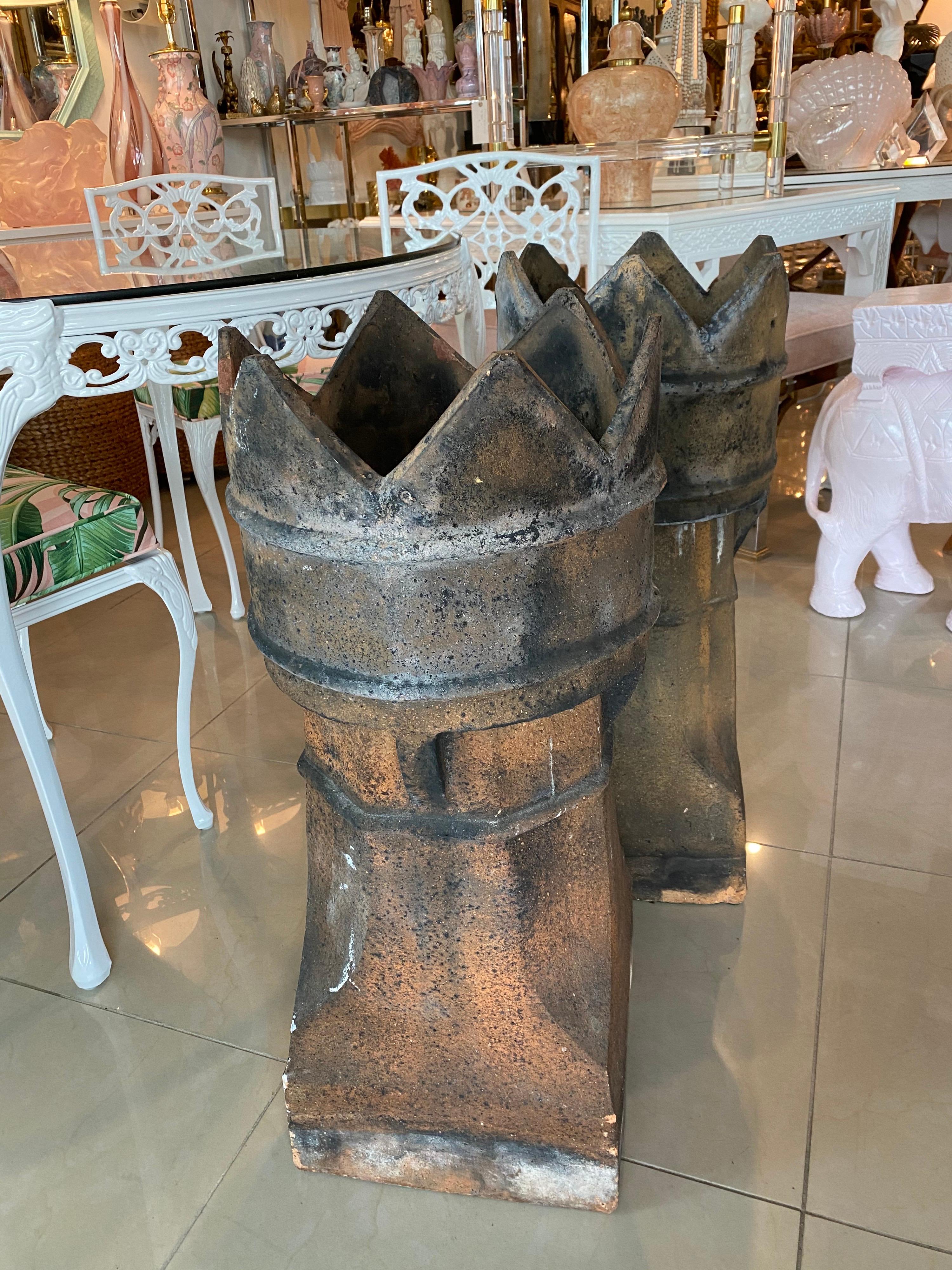 Antique Pair of 1890s English Chimney Pots Lovely Patina Industrial Planters For Sale 3