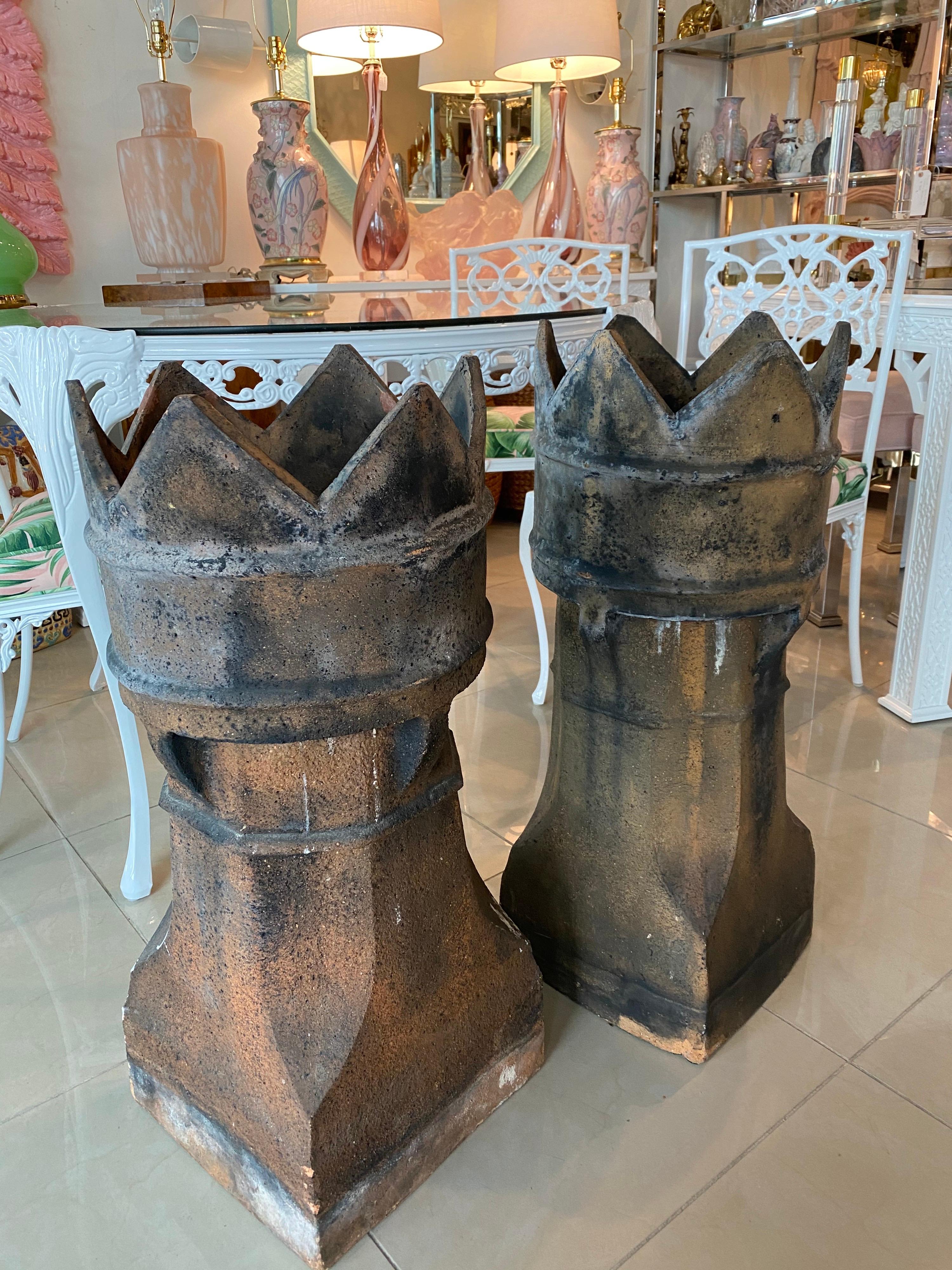 Antique Pair of 1890s English Chimney Pots Lovely Patina Industrial Planters For Sale 4