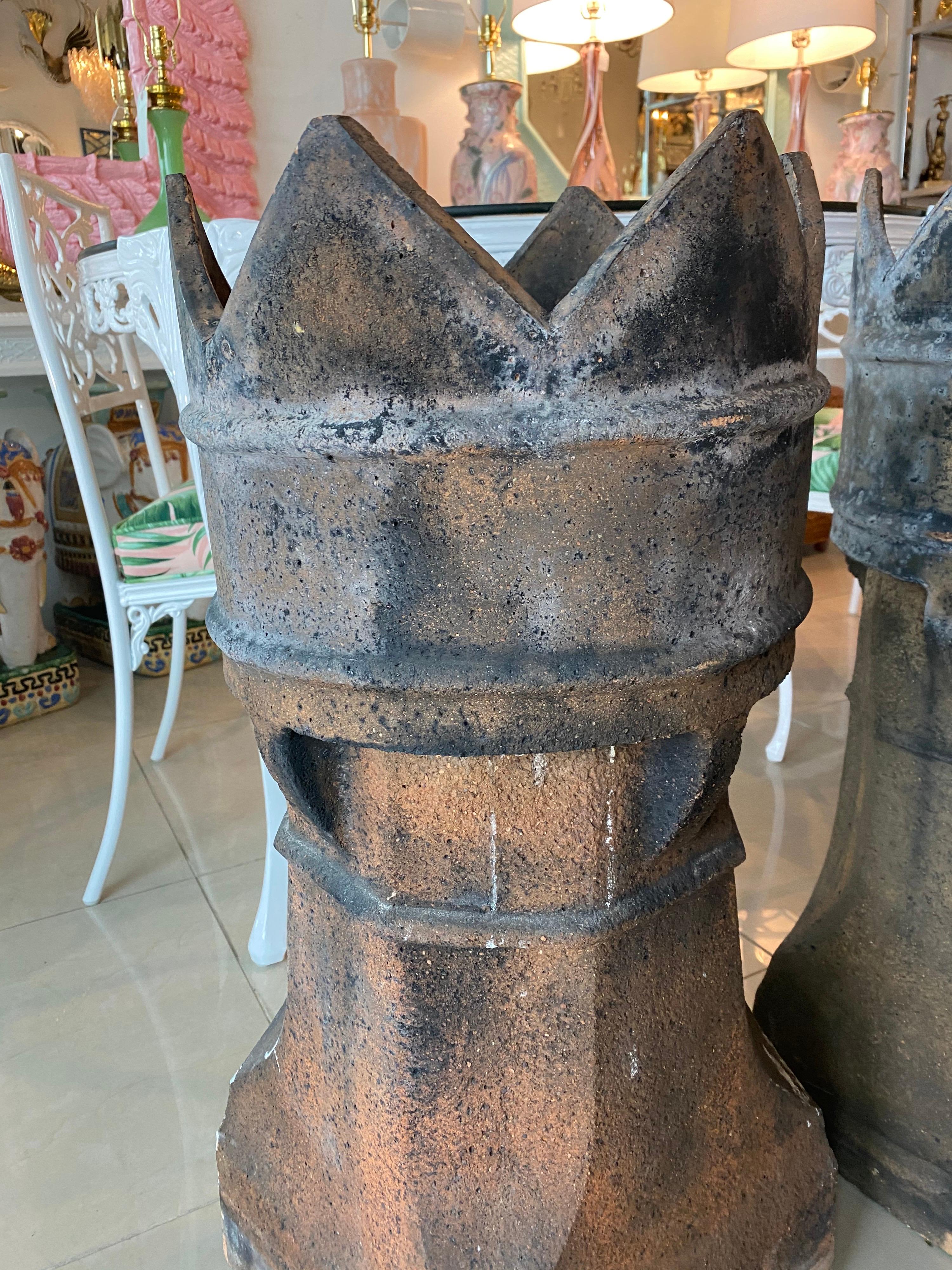 Antique Pair of 1890s English Chimney Pots Lovely Patina Industrial Planters For Sale 6