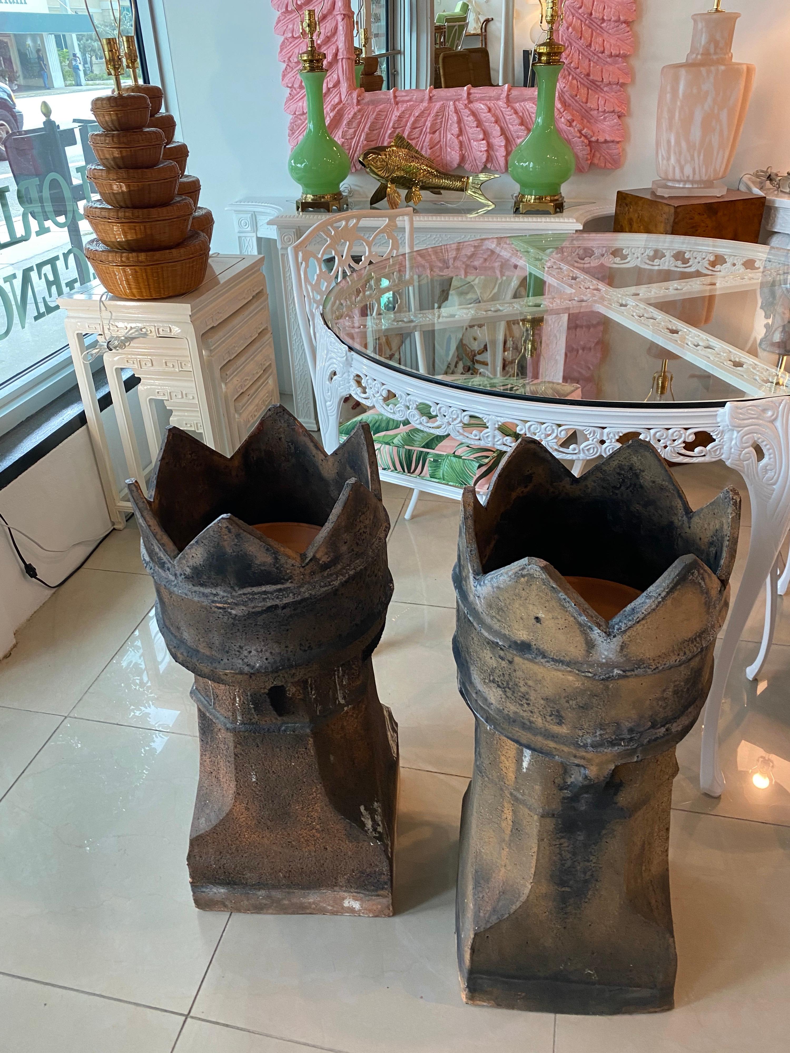 Late 19th Century Antique Pair of 1890s English Chimney Pots Lovely Patina Industrial Planters For Sale
