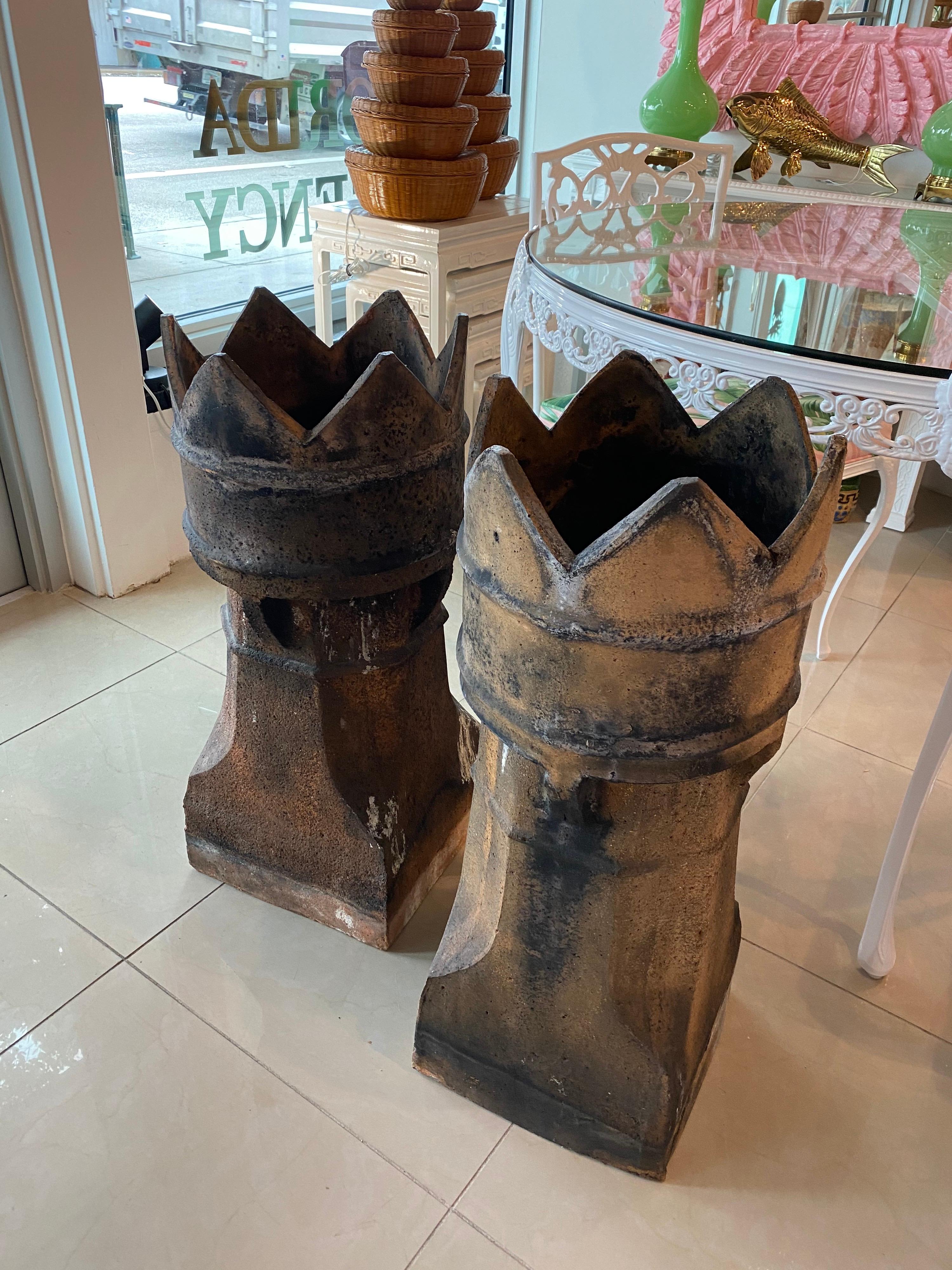 Terracotta Antique Pair of 1890s English Chimney Pots Lovely Patina Industrial Planters For Sale