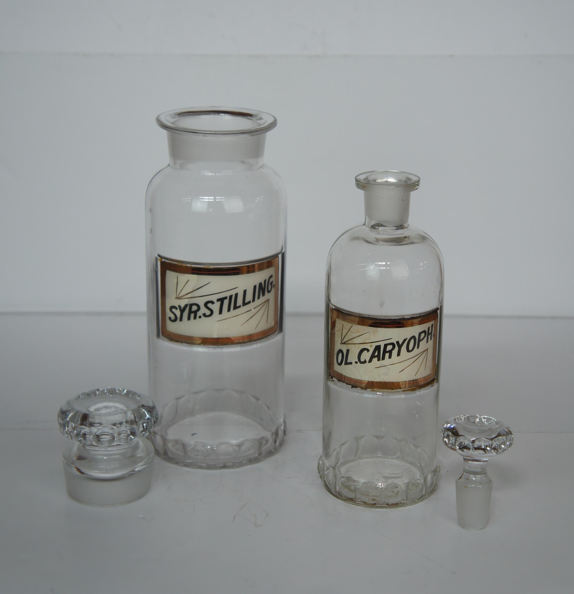 Late 19th Century Antique Pair of 1891 Glass Apothecary Pharmacy Chemist Bottles Decanter Jar
