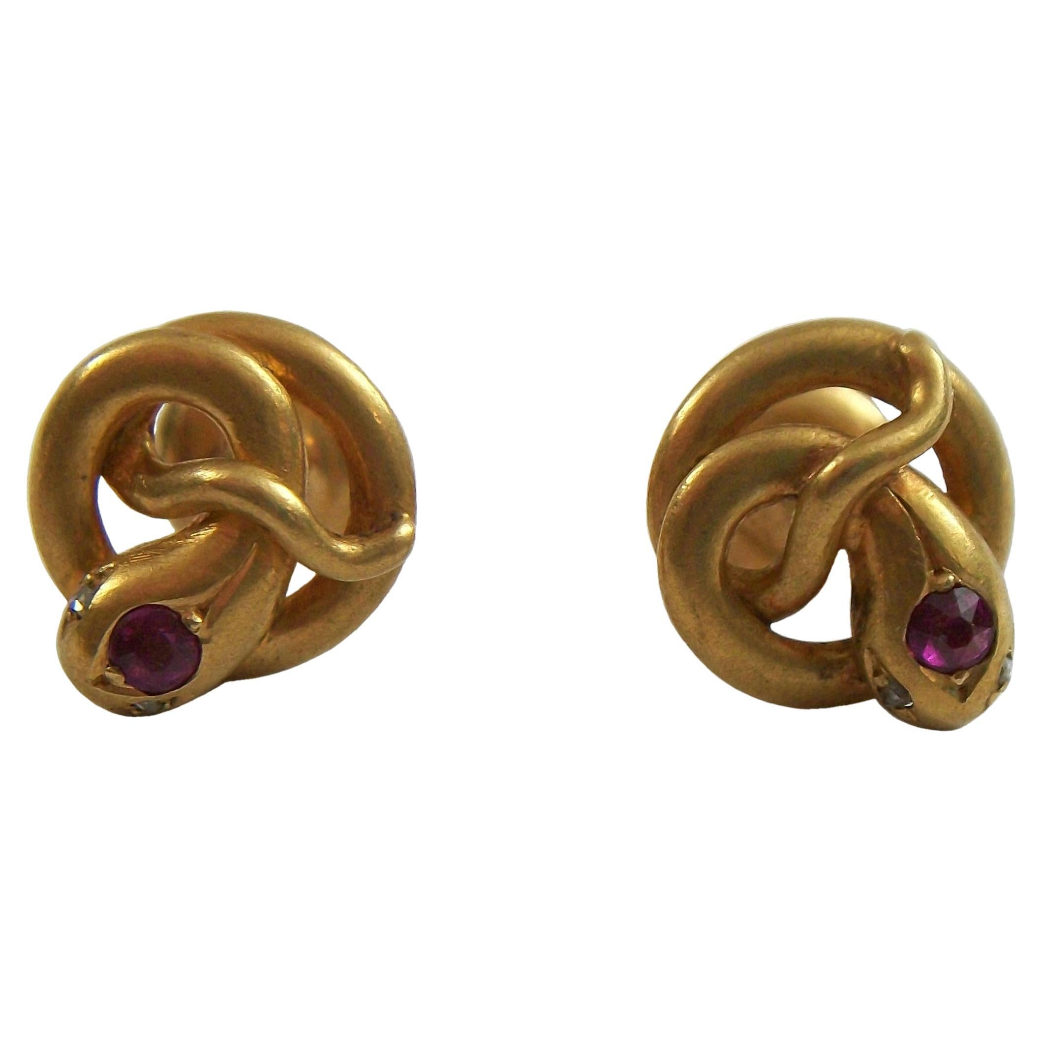 Antique Pair of 18K Yellow Gold Snake Buttons - France - Late 19th Century For Sale
