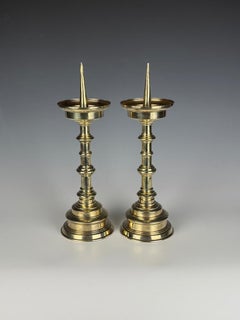 Antique Pair of 18th Century Flemish Brass Pricket Candle Holders