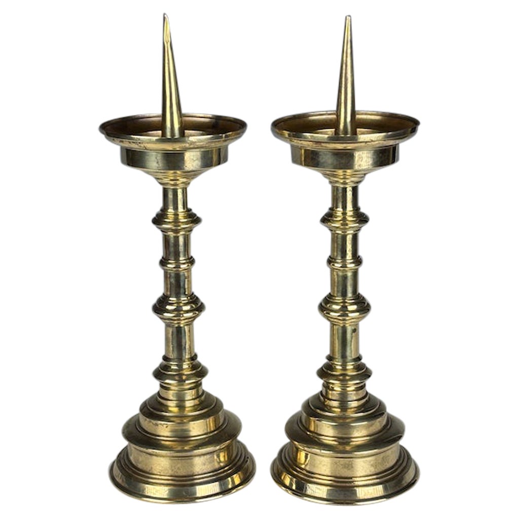 Antique Pair of 18th Century Flemish Brass Pricket Candle Holders