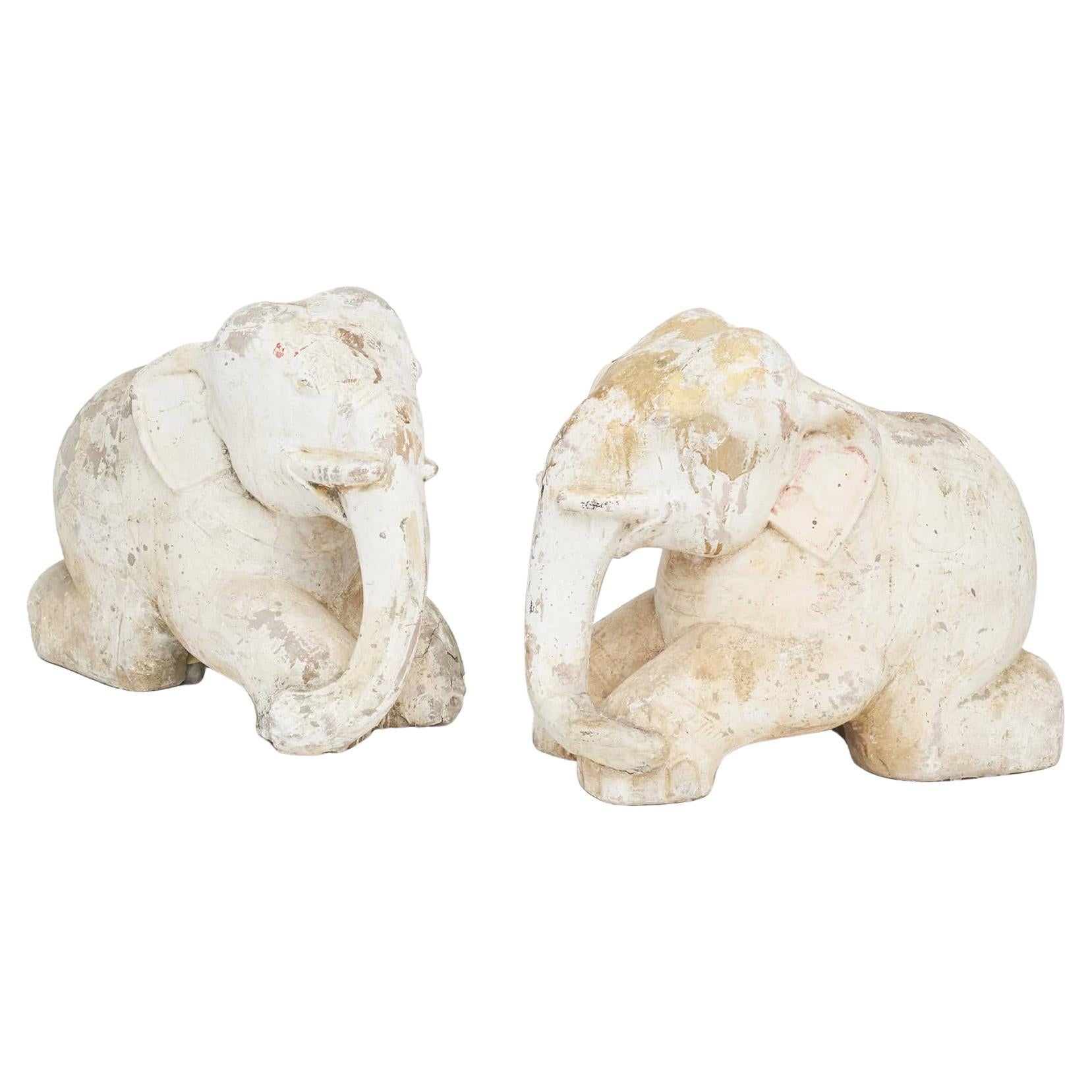 Antique Pair of 18th Century Temple Elephants Carved in Sandstone from Burma