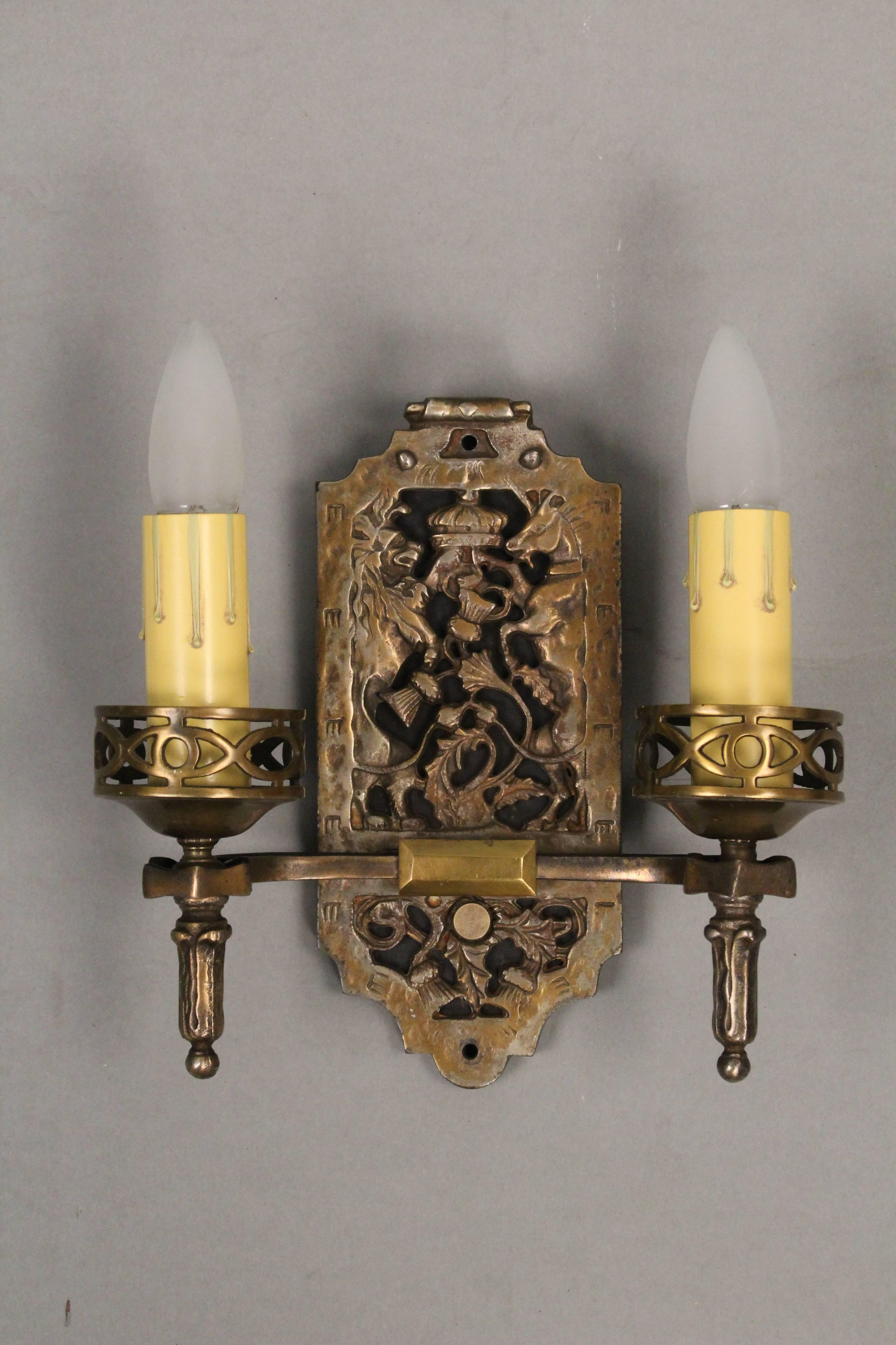 Spanish Colonial Antique Pair of 1920s Double Bronze Sconces Attributed to Oscar Bach
