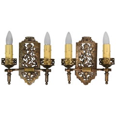 Antique Pair of 1920s Double Bronze Sconces Attributed to Oscar Bach