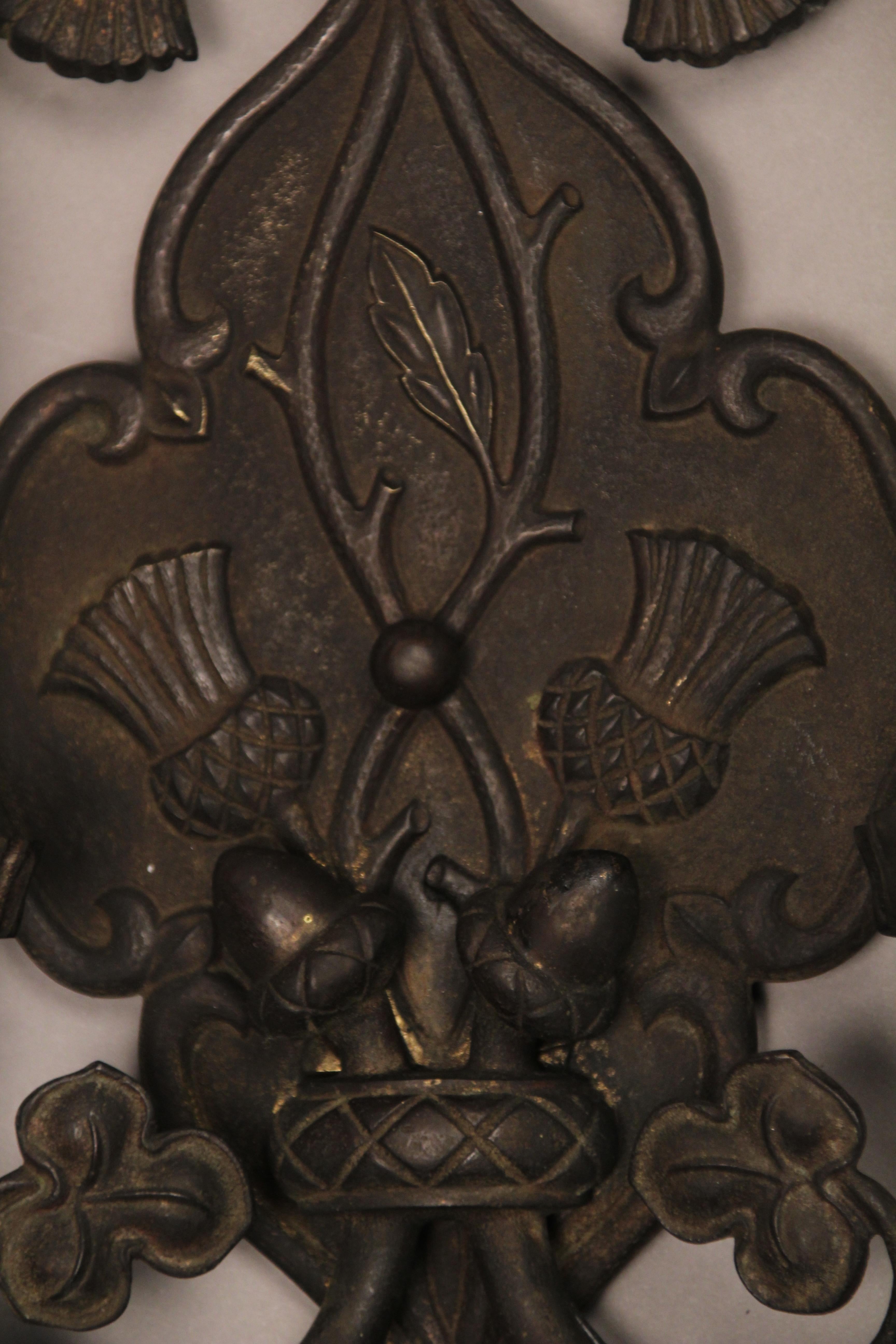 Tudor Antique Pair of 1920s Double Sconces with Thistle Motif