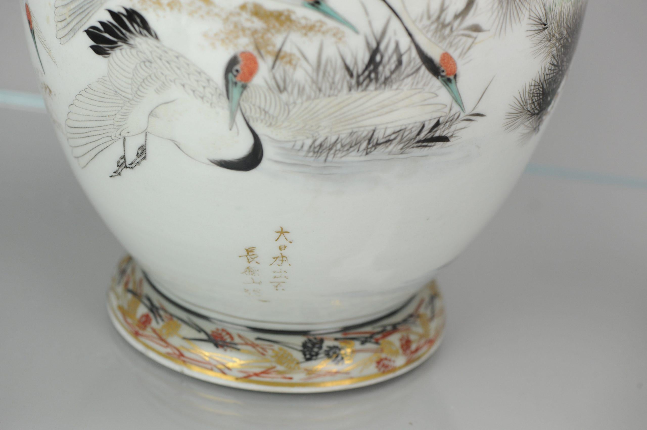 Antique Pair of Japanese Kutani Crane Vases Japanese Satsuma Style Kutani 4