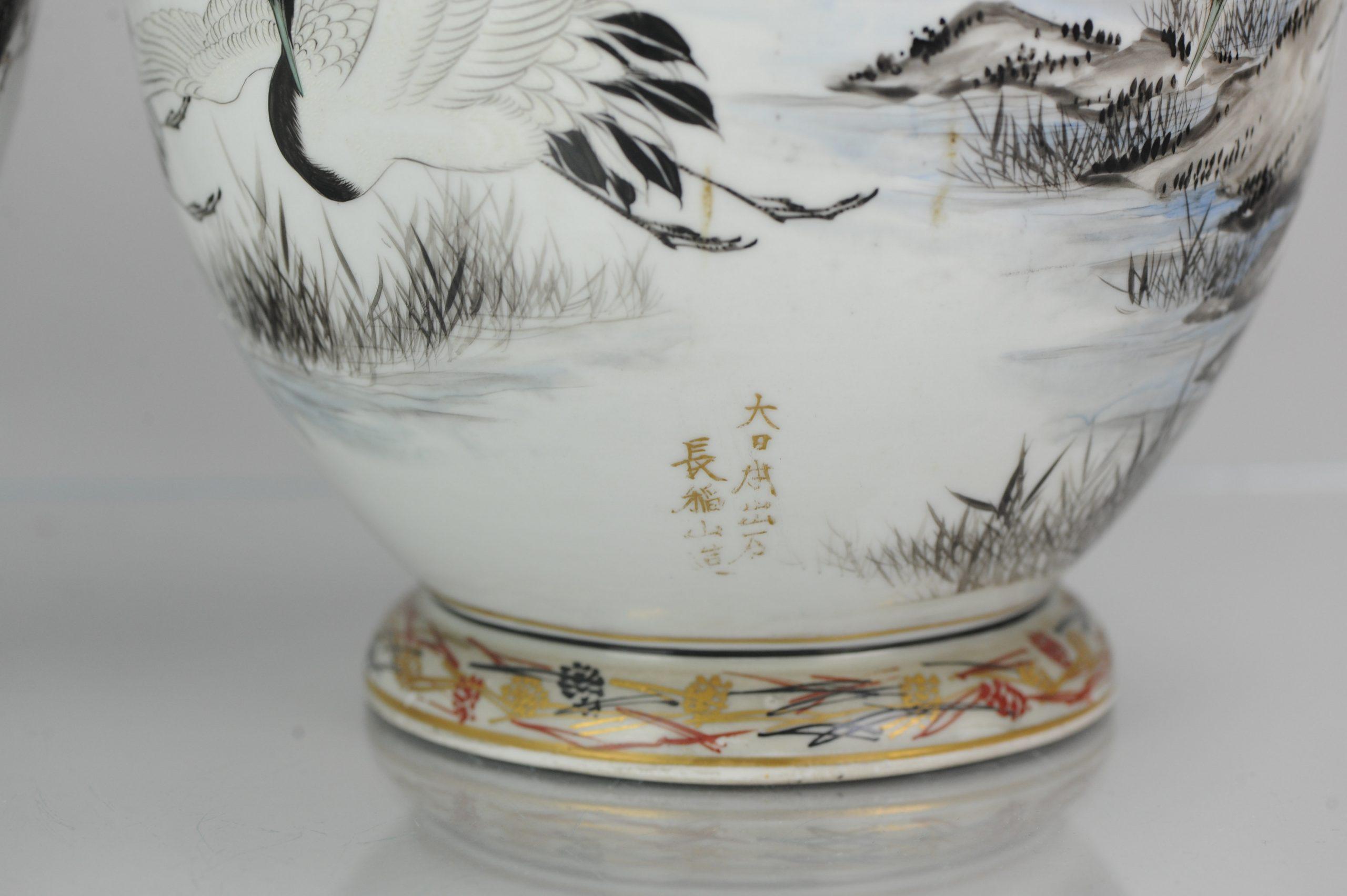 Antique Pair of Japanese Kutani Crane Vases Japanese Satsuma Style Kutani 7