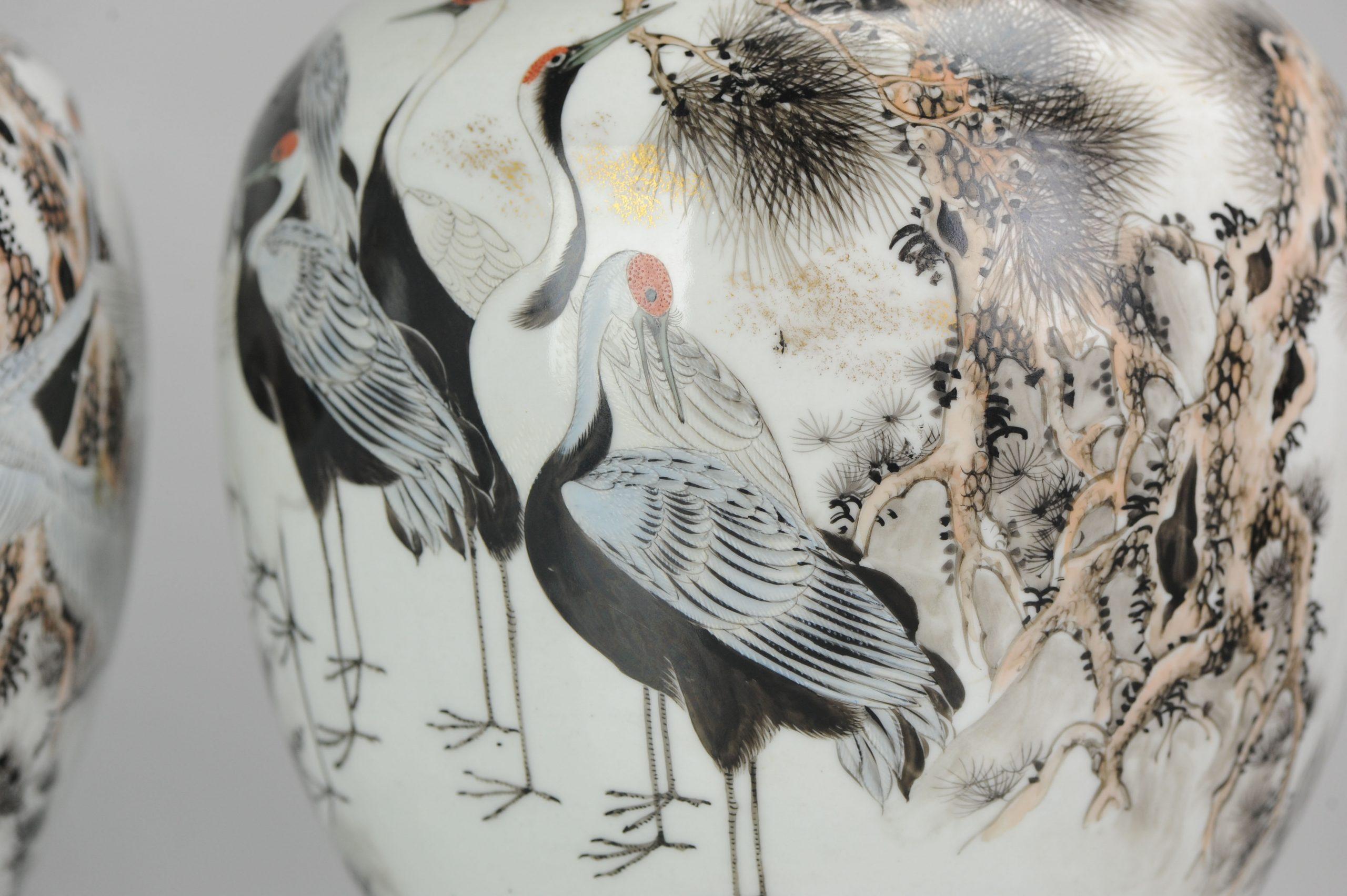 Antique Pair of Japanese Kutani Crane Vases Japanese Satsuma Style Kutani 8